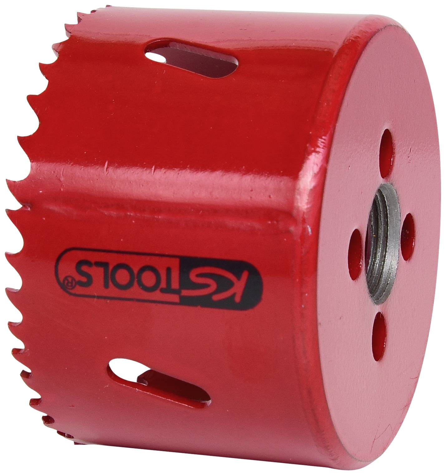Rotes Lochsägeblatt mit gezackten Kanten und seitlichen Schlitzen, aus Metall. Aufschrift: 'KS Tools'.