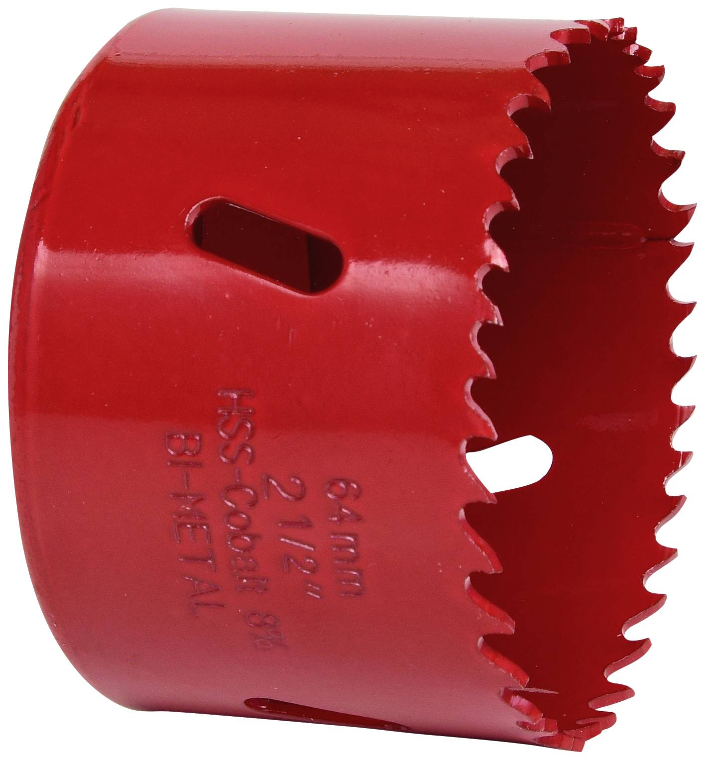Ein rotes Bi-Metall-Lochsägeblatt mit gezahntem Rand und seitlicher Öffnung, geeignet für das Bohren von präzisen Löchern in verschiedene Materialien.