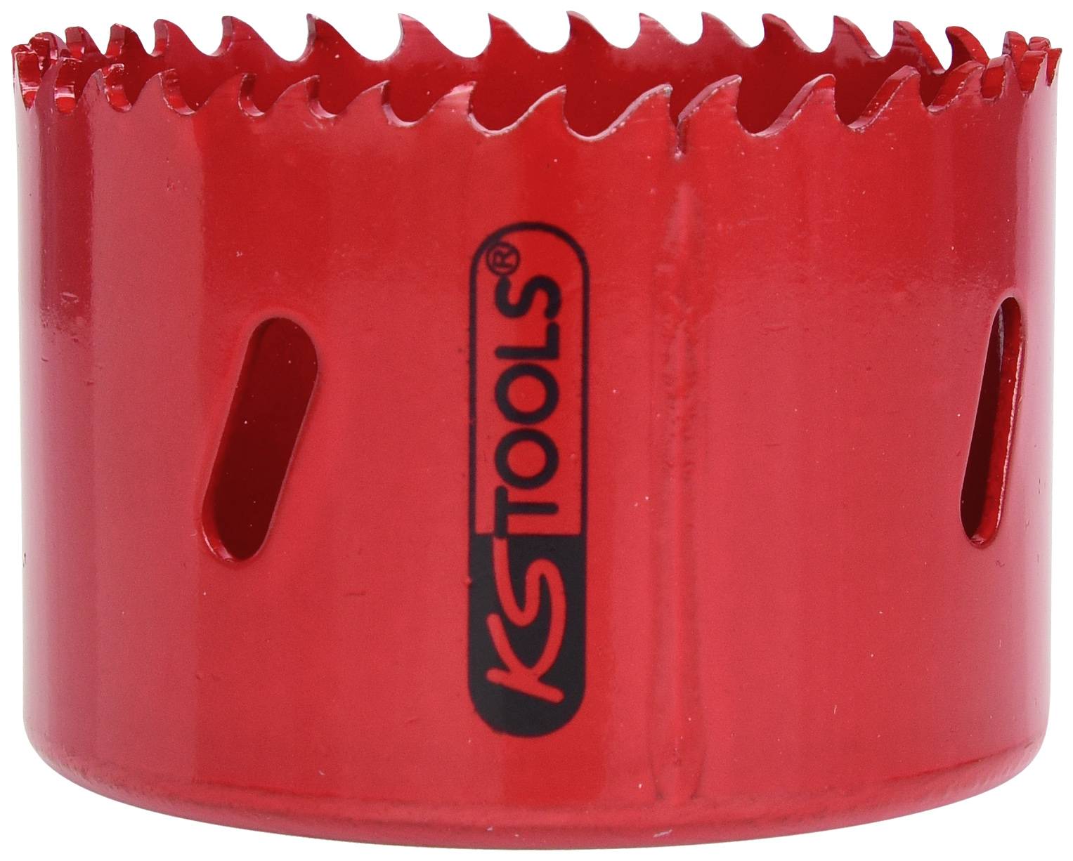 Roter Lochsägeaufsatz der Marke KS Tools, zylindrische Form mit gezackten Kanten, für Bohrmaschinen geeignet.