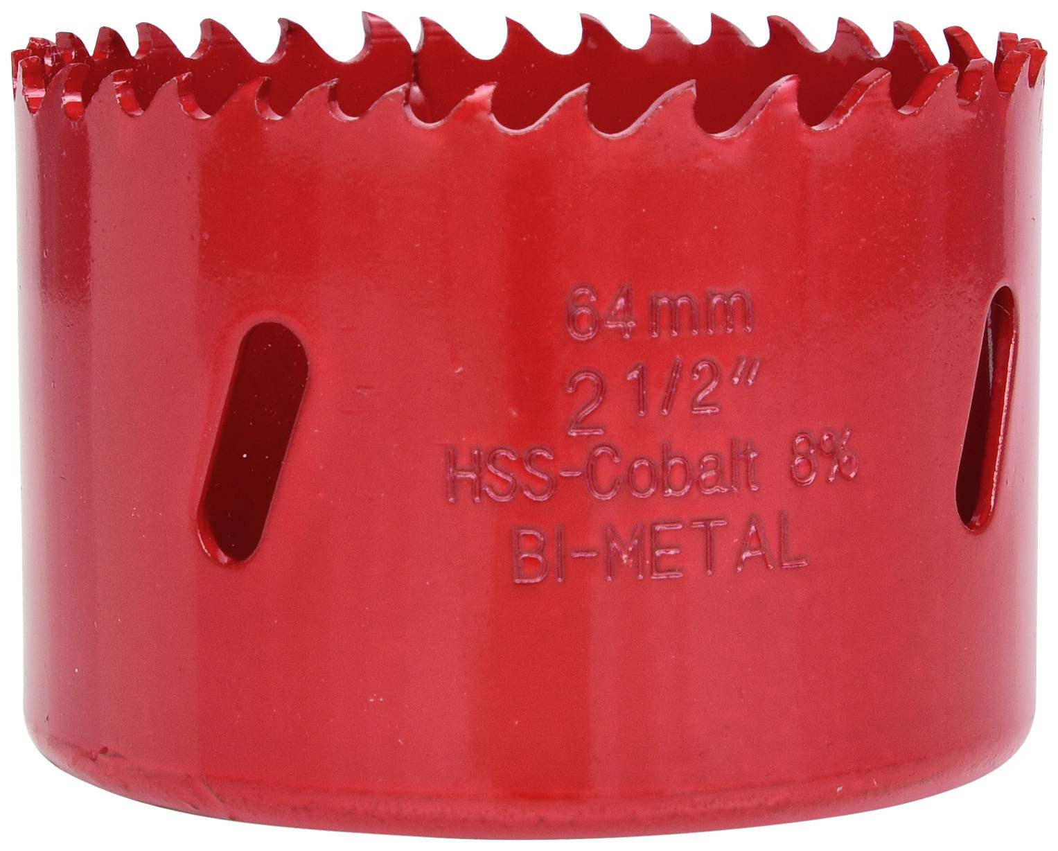 Rotes Bi-Metal Lochsägeblatt, 64 mm Durchmesser, mit Aufschrift 'HSS-Cobalt 8%'.