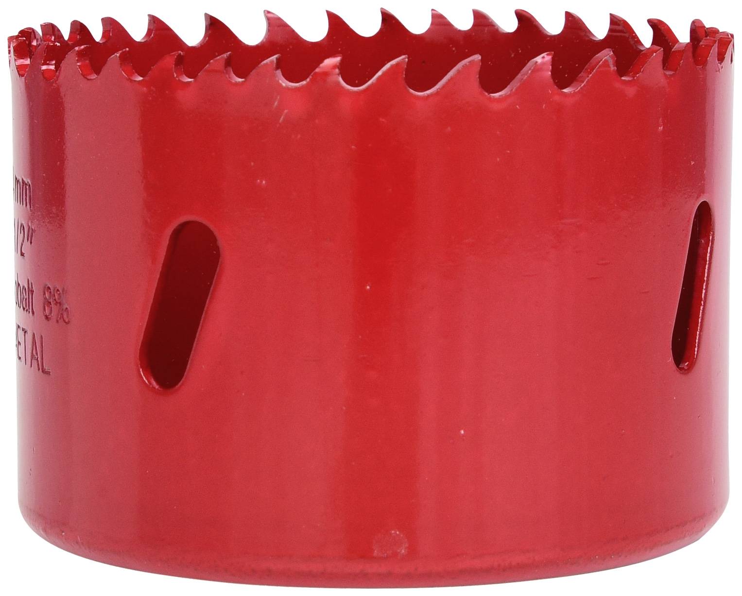 Roter Lochsägenaufsatz mit gezackter Schneide, geeignet für das Bohren großer Löcher in Holz oder Metall.