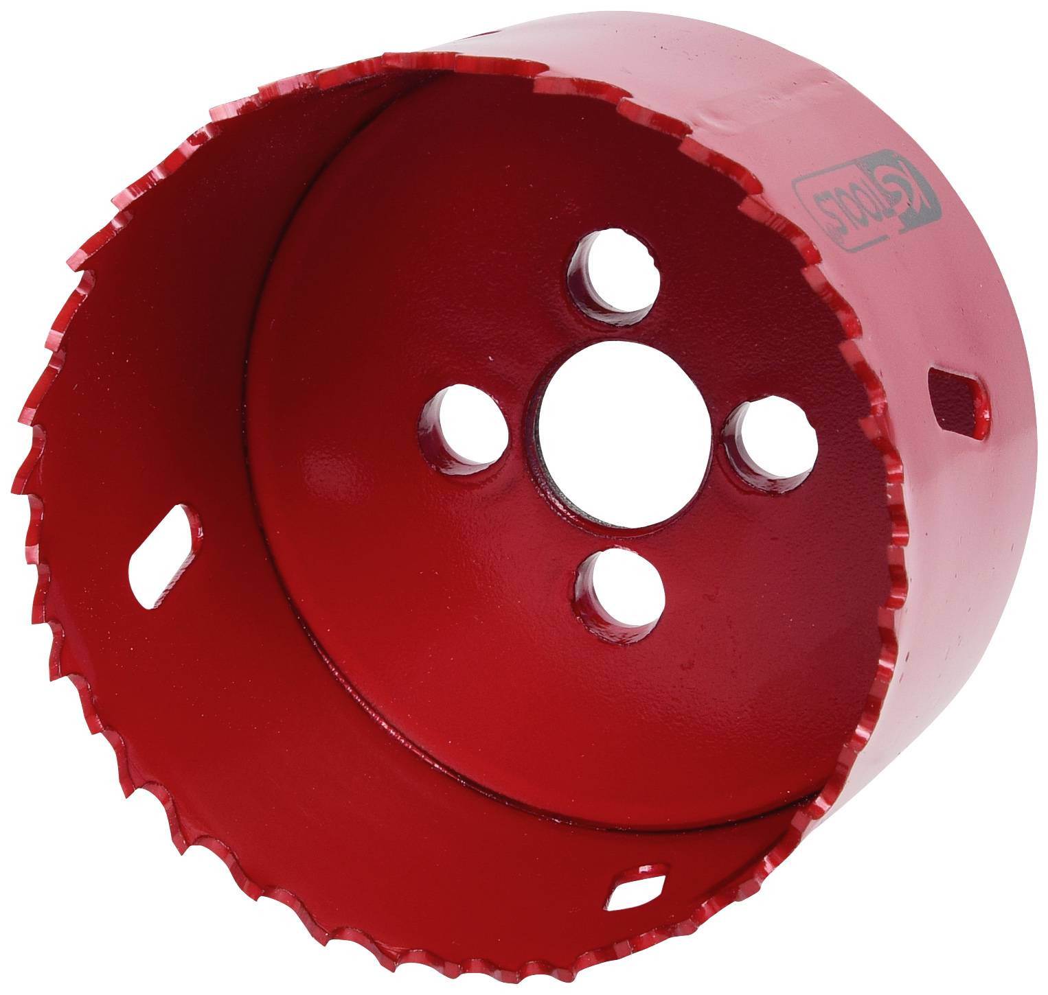 Ein rotes Lochsägeblatt mit gezackter Kante und mehreren Löchern, geeignet für Holz- und Metallbearbeitung.