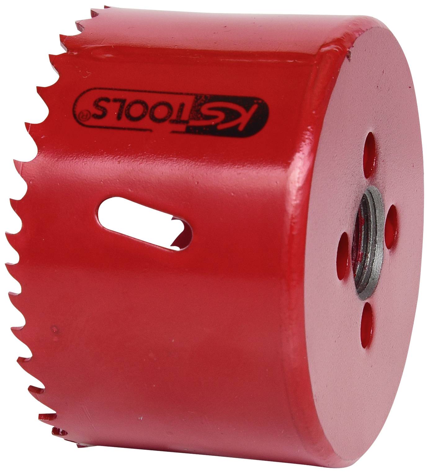 Rotes Lochsägeblatt aus Metall, zylindrisch geformt, mit gezackten Rändern, für Bohrmaschinen und Schneidarbeiten geeignet.