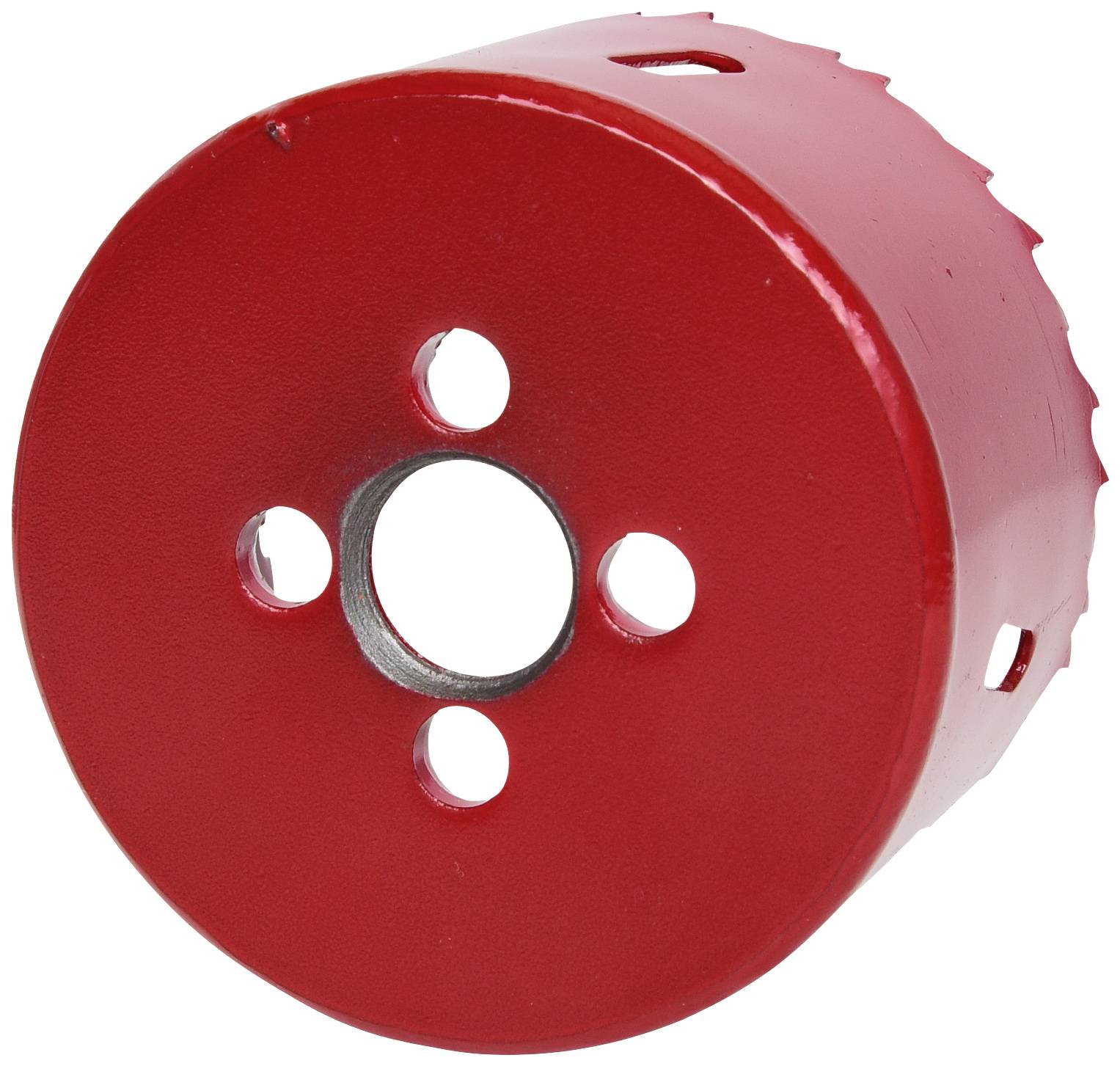 Roter Lochsägenbohrer mit fünf Löchern sichtbar, geeignet zum Schneiden von kreisförmigen Öffnungen in verschiedenen Materialien.