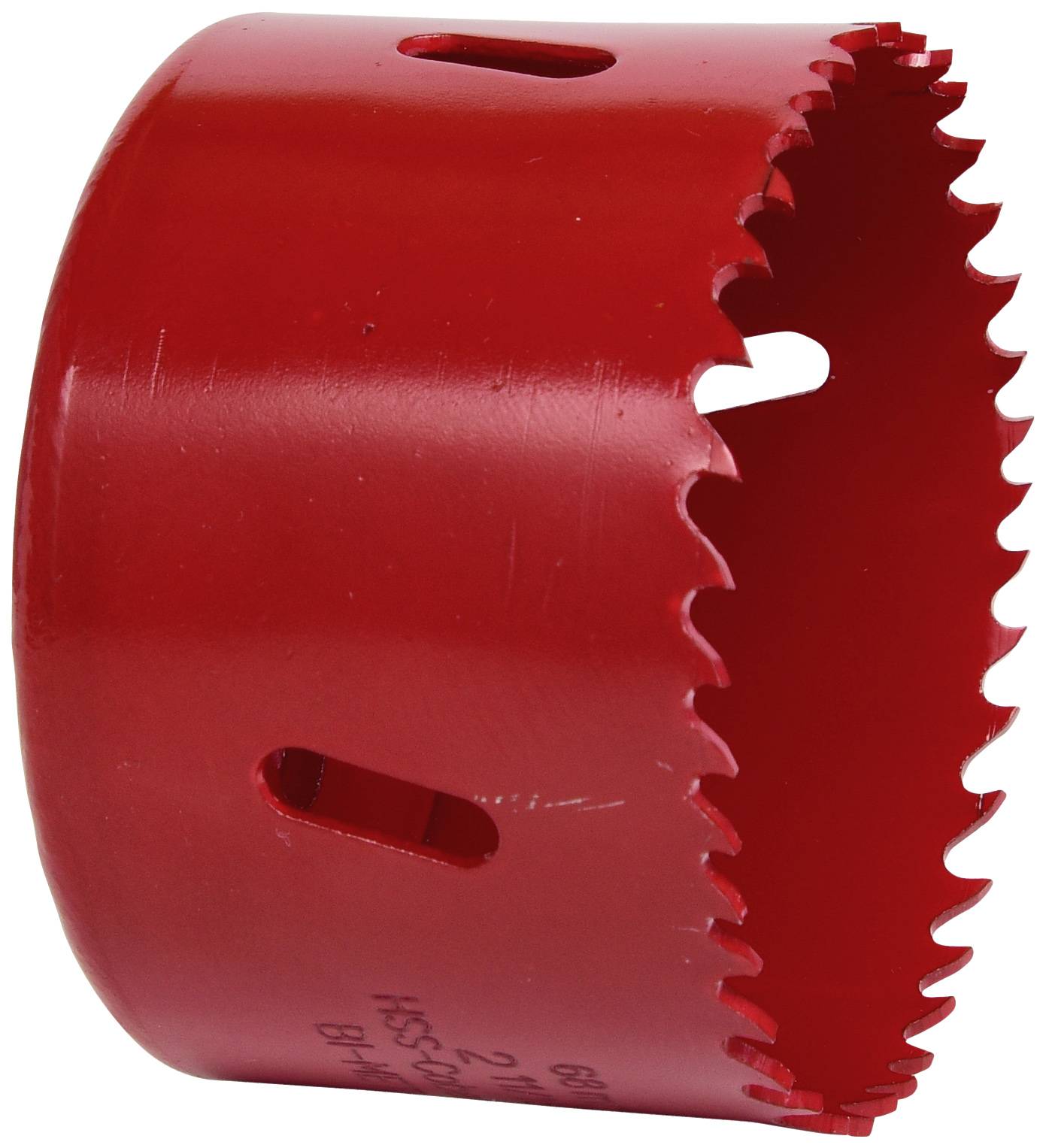 Roter Lochsägenbohrer mit gezahntem Rand und seitlichen Schlitzen, verwendet für das Schneiden von runden Löchern in Materialien.