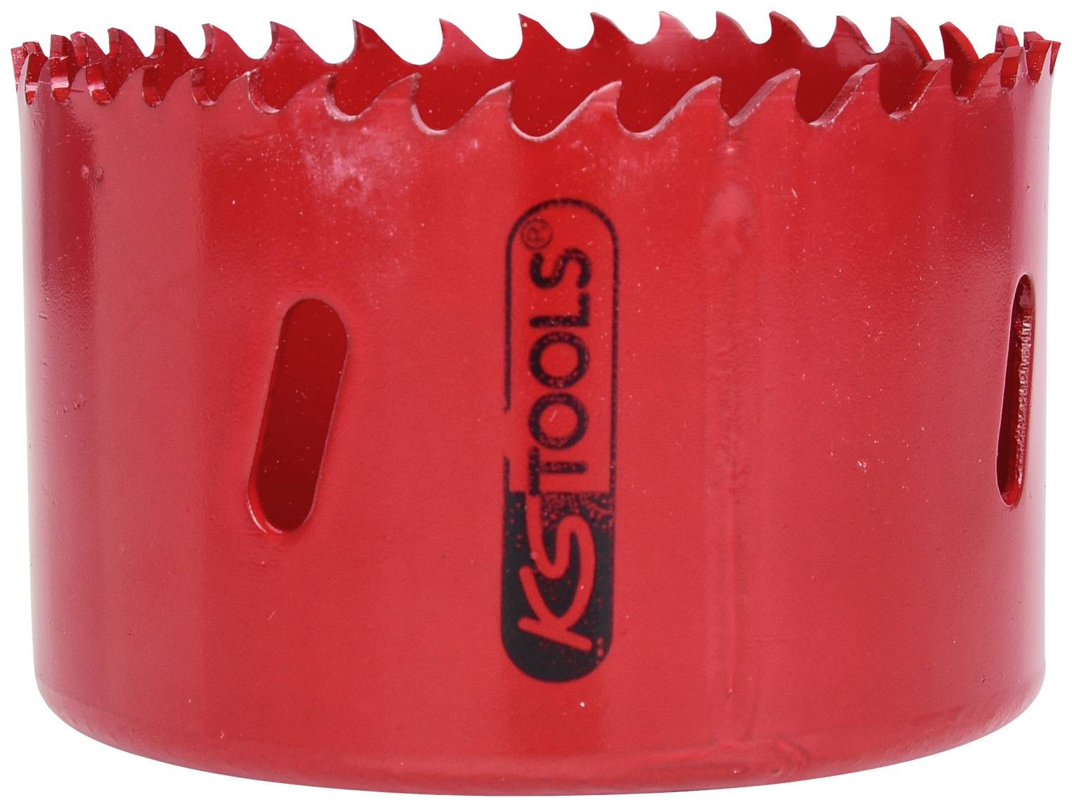 Roter Lochsägeaufsatz mit scharfen Zähnen und 'KS TOOLS'-Logo, für die Holzbearbeitung geeignet.