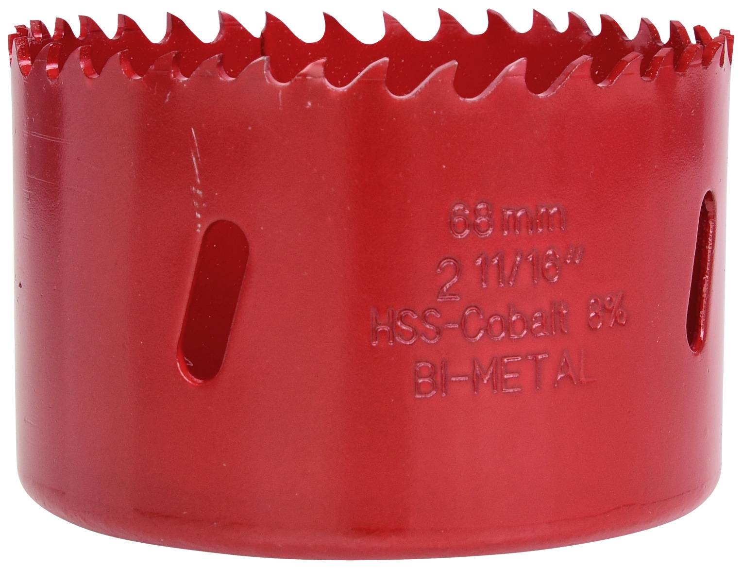 Runder, roter Lochsägeaufsatz aus Metall, Größe 68 mm, 2 11/16 Zoll, mit Markierungen 'HSS-Cobalt 8%' und 'BI-METAL' für den Einsatz in Bohrmaschinen.