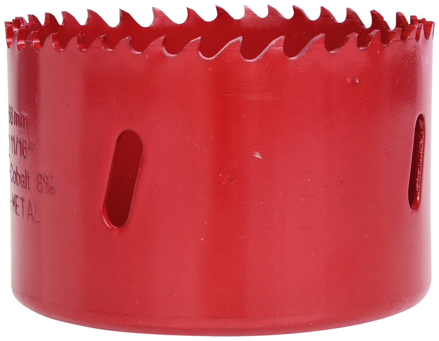 Ein rotes Lochsägeblatt mit scharfen Zähnen, seitlichen Schlitzen und der Aufschrift 'METAL'. Geeignet für Metallbearbeitung.