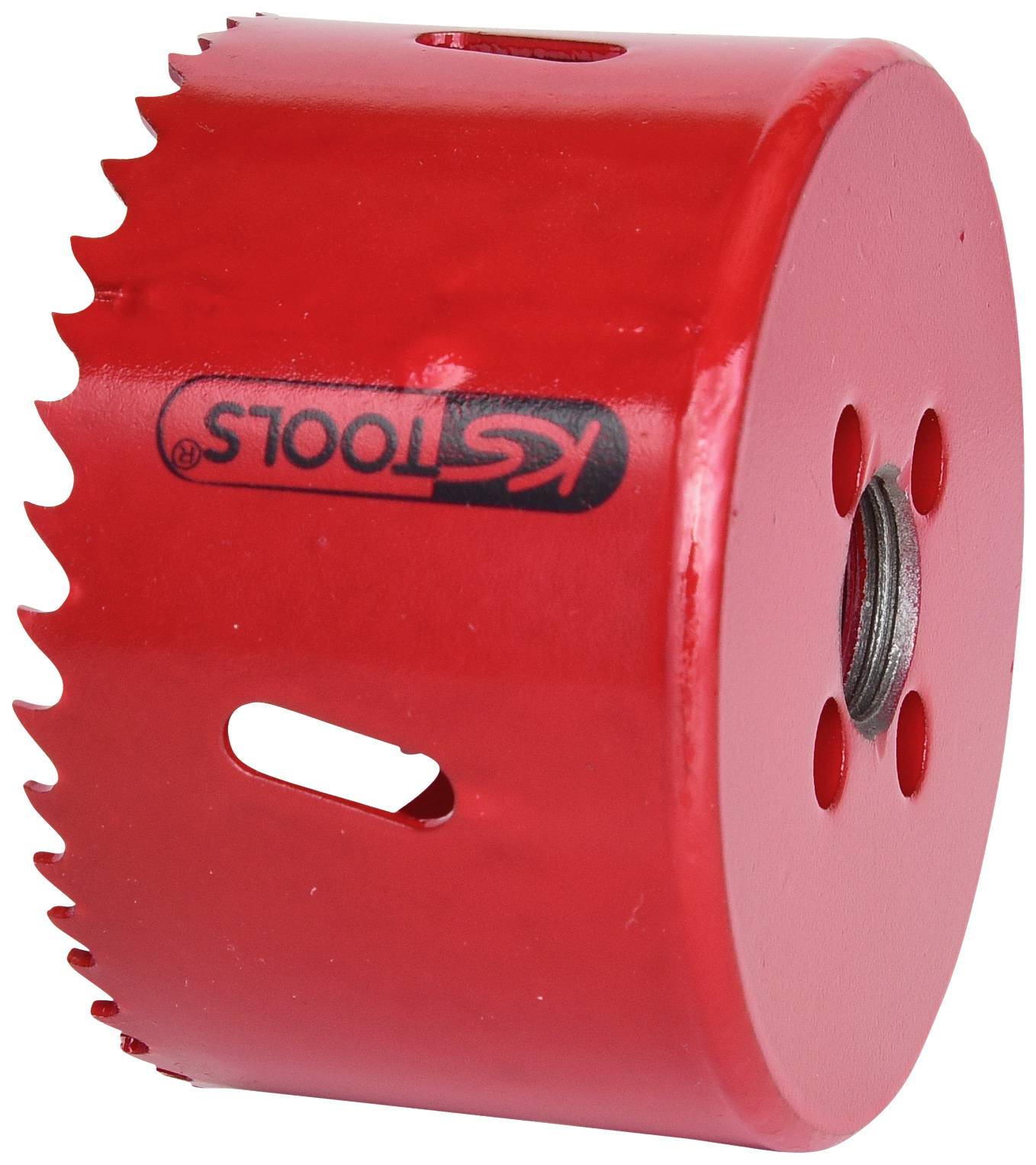 Roter Lochsäge-Aufsatz aus Metall mit Zähnen für Bohrmaschinen, Markenaufdruck 'KS Tools' sichtbar.
