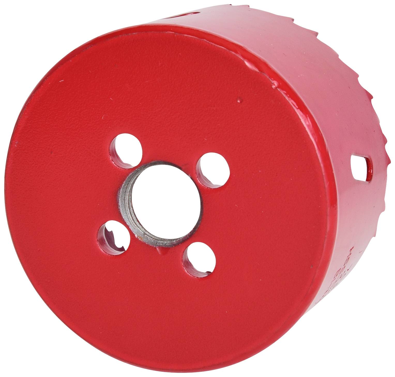 Roter Lochsägeaufsatz mit fünf Bohrungen, eine mittig für die Achse und vier um die Mitte herum verteilt.