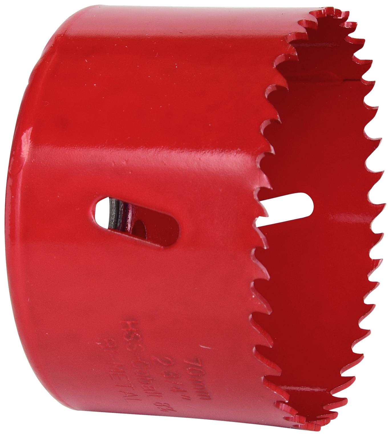 Rote Lochsäge aus Metall mit gezackter Schneide, geeignet zum Schneiden von kreisrunden Löchern in verschiedenen Materialien.