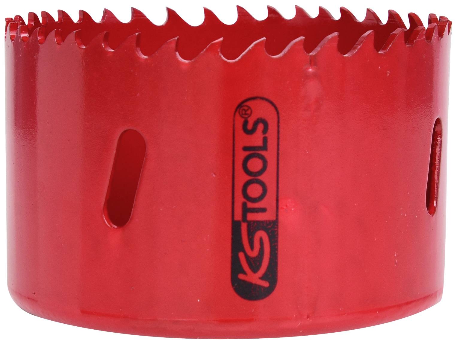 Rotes Lochsägeblatt mit gezackter Kante, geeignet für präzises Bohren in verschiedenen Materialien, Logo 'KS TOOLS' sichtbar.