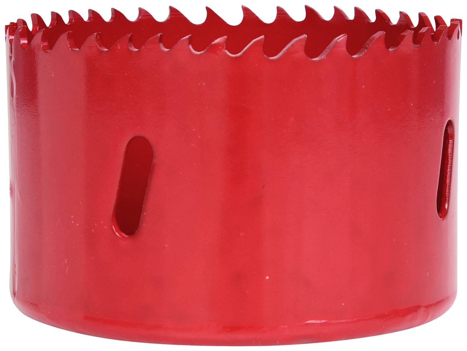 Roter Lochsägeaufsatz aus Metall mit gezackten Schneidezähnen. Verwendet zum Schneiden von runden Öffnungen in verschiedenen Materialien.