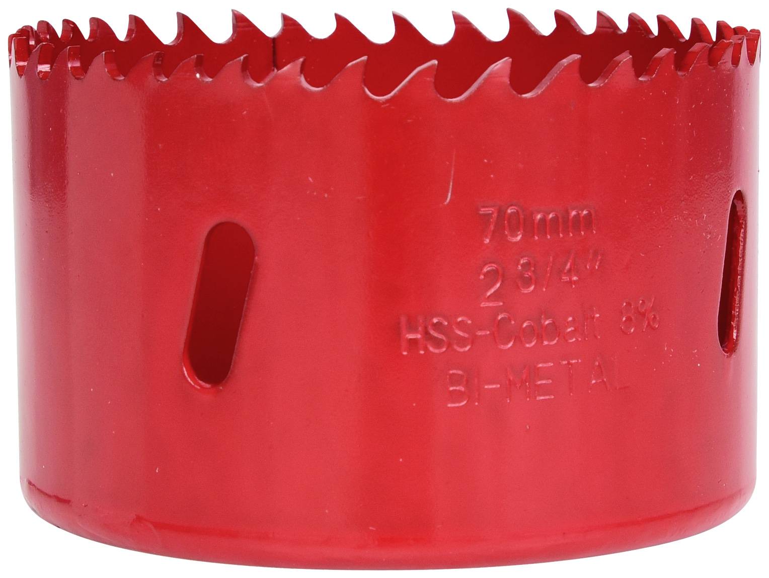 Rotes Lochsägeblatt mit gezackten Zähnen und der Aufschrift '70mm 2 3/4