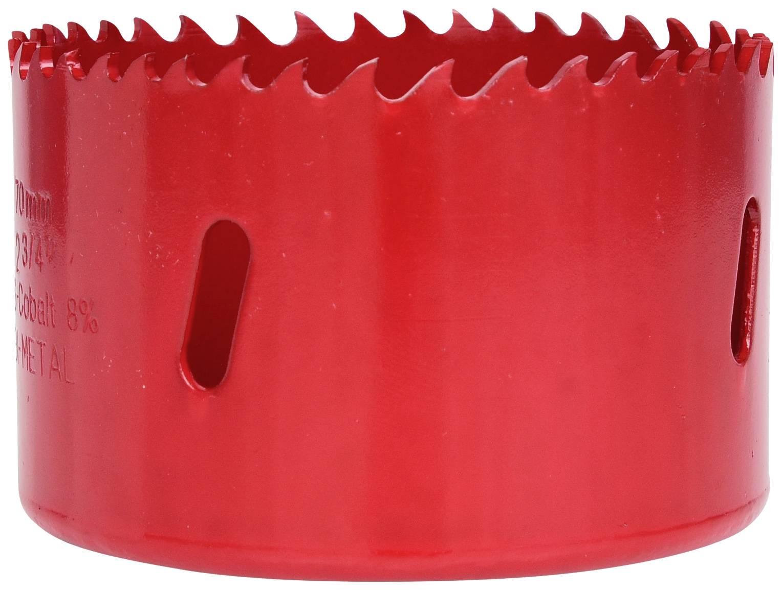 Rotes Lochsägeblatt aus Metall mit gezacktem Rand und seitlichen Lüftungsschlitzen für präzises Schneiden in Holz oder Metall.