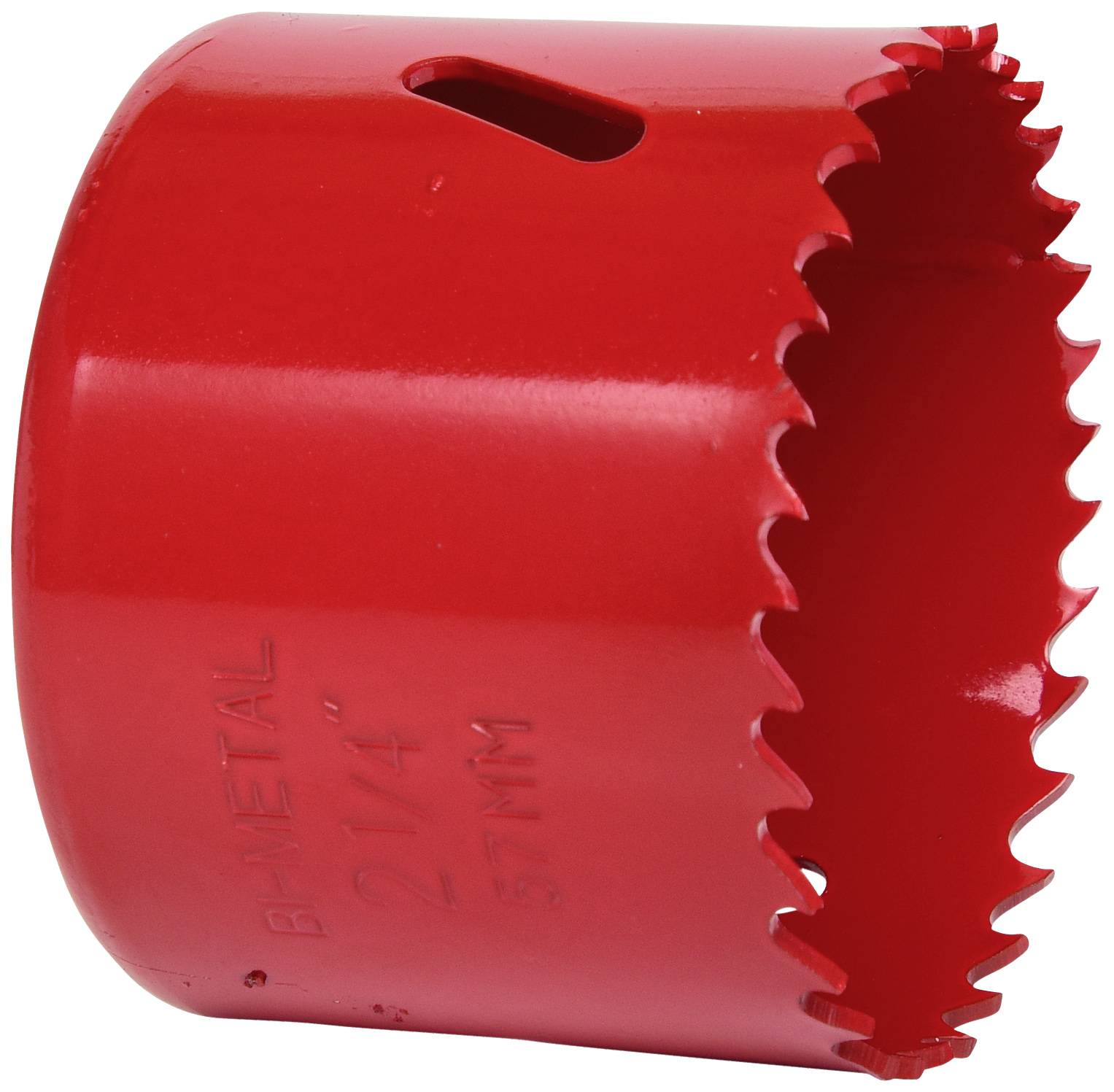 Roter Bi-Metall-Lochsägenaufsatz mit gezahnten Kanten, gekennzeichnet mit '2 1/4' für Metallbearbeitung.