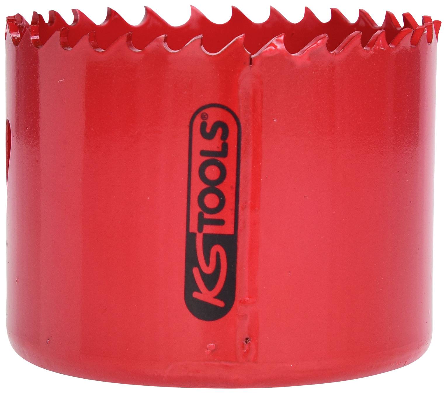 Rotes Lochsägeblatt mit gezacktem Rand und 'KS Tools'-Logo, geeignet für Bohren in Holz oder Metall.