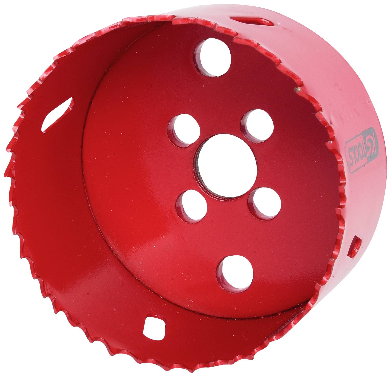 Ein roter Lochsägeaufsatz mit mehreren Zahnungen und fünf Löchern, geeignet zum Bohren größerer Löcher in Materialien wie Holz oder Metall.