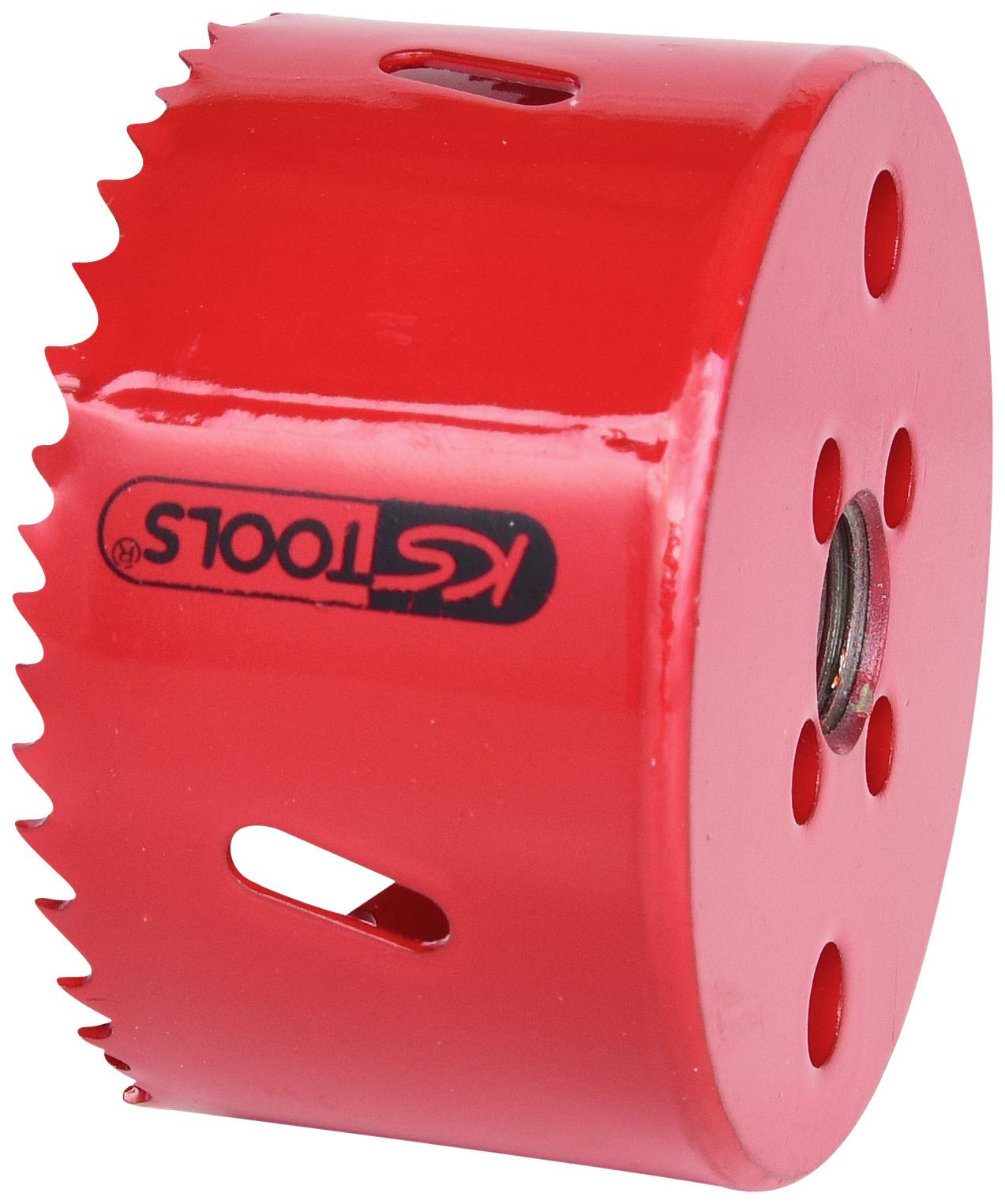 Rotes Lochsägeblatt aus Metall, zylindrische Form mit Zahnung an der Kante und mehreren Löchern; Markenaufdruck 'TOOLS'.