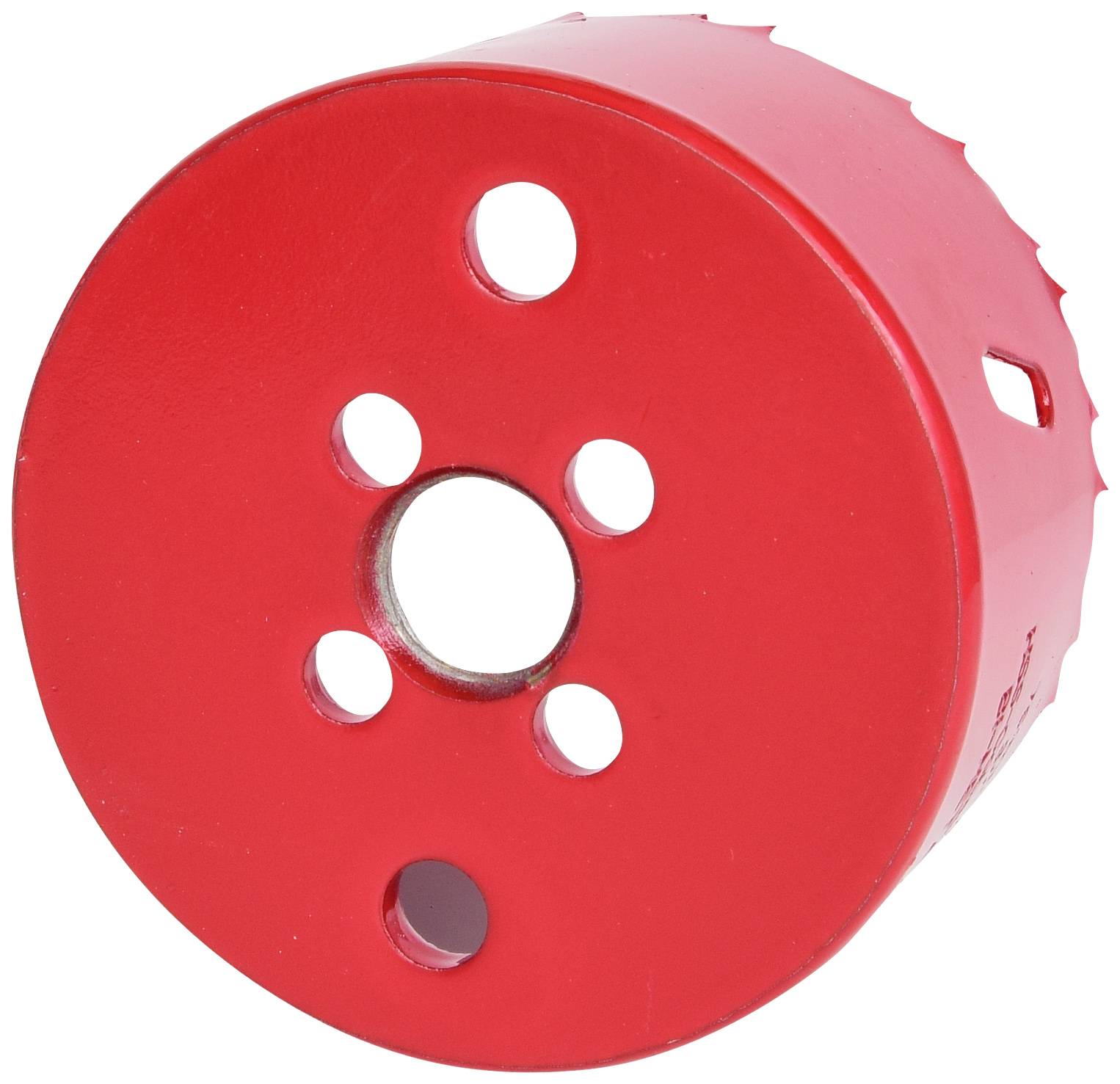 Roter Lochsäge-Aufsatz mit mehreren Bohrlöchern, zum Bohren großer kreisförmiger Öffnungen, z.B. in Holzbrettern.