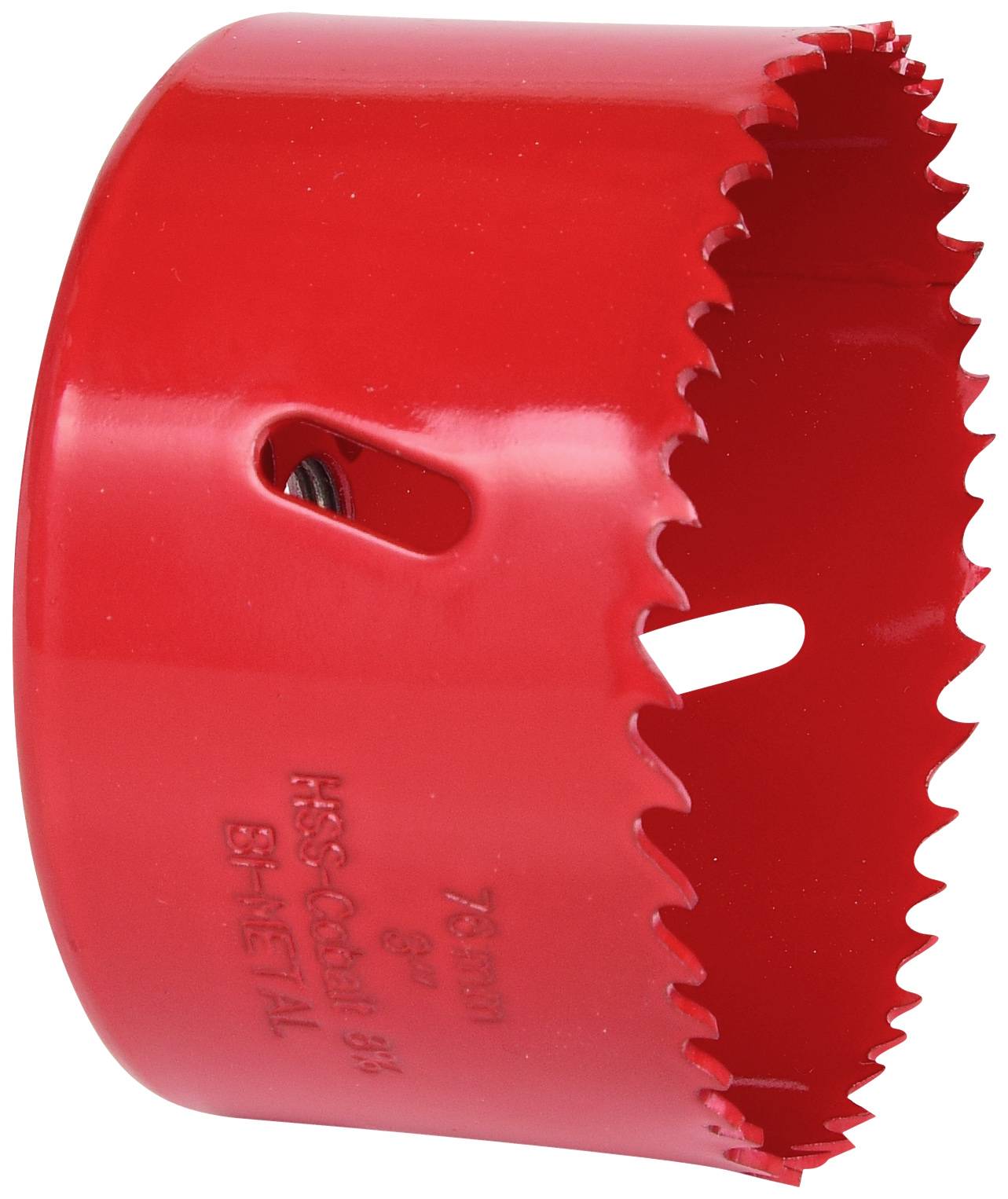 Rotes Lochsägeblatt aus Bi-Metall mit gezackten Kanten, verwendet zum Bohren großer Löcher in verschiedene Materialien.