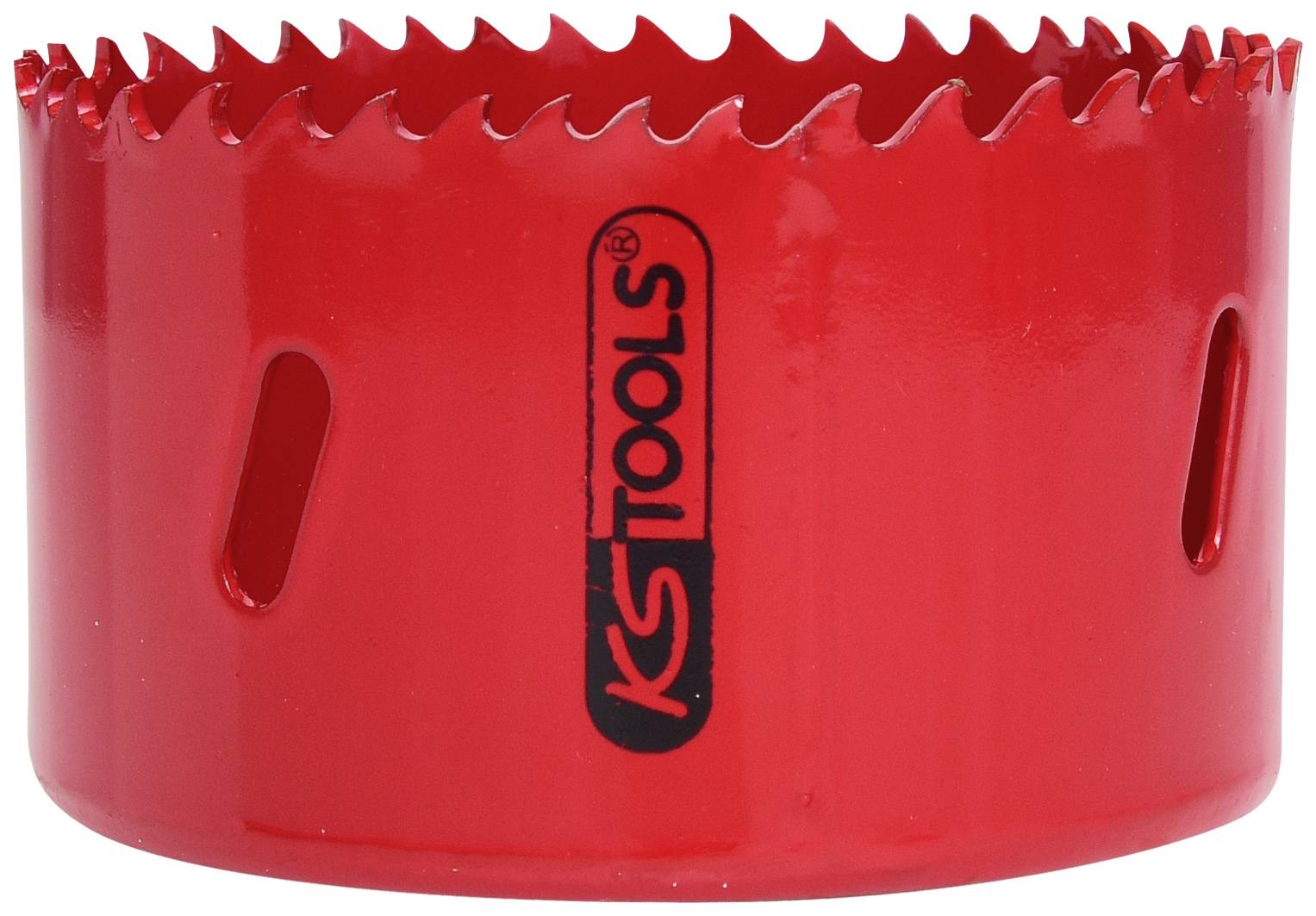 Rotes Lochsägeblatt mit seitlichen Schlitzen, markiert mit 'KS Tools'. Hauptsächlich für präzise Rundschnitte in verschiedenen Materialien.