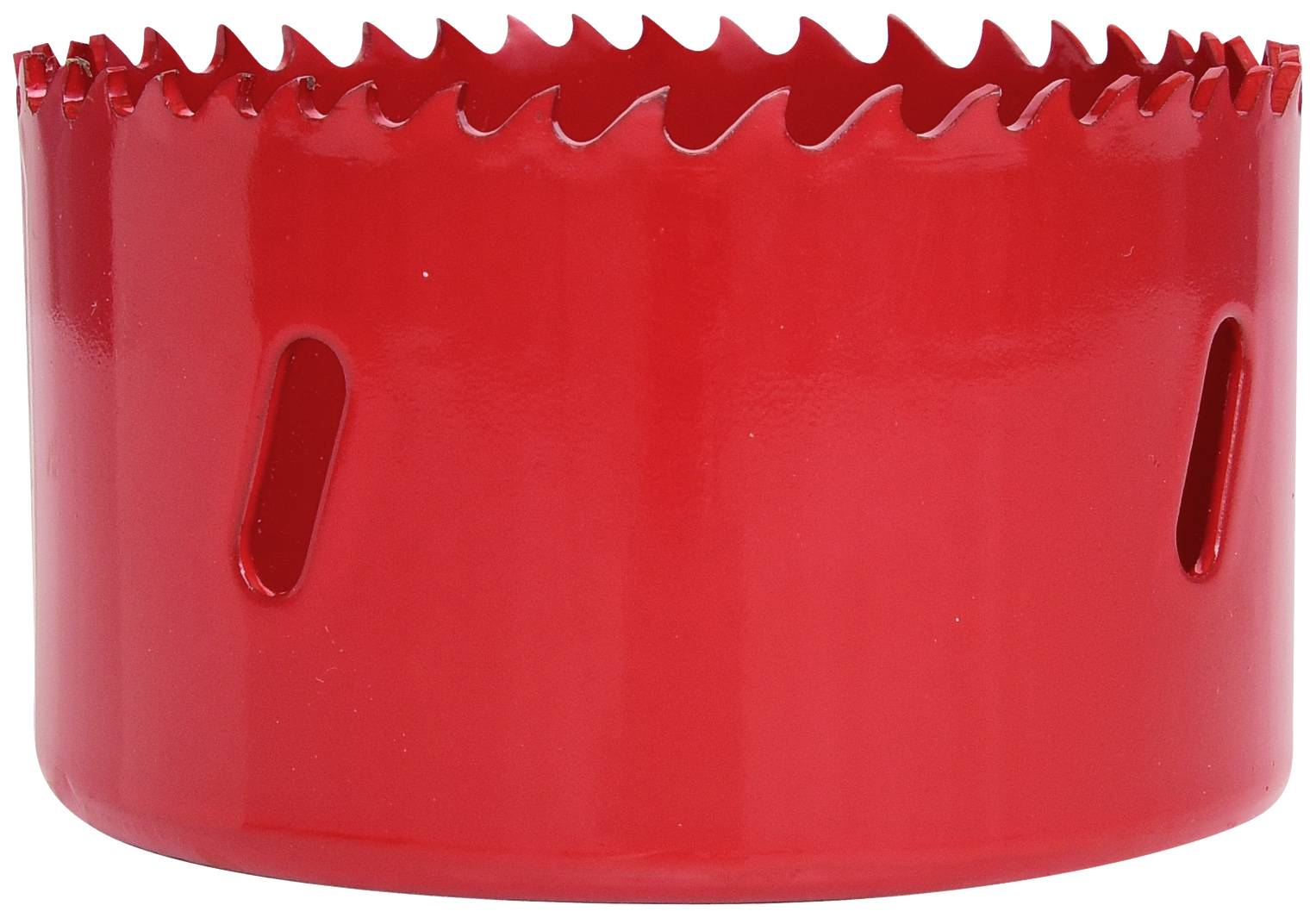 Roter Lochsägeaufsatz mit gezackten Kanten, für das Bohren von großen, runden Löchern in Materialien wie Holz oder Metall geeignet.