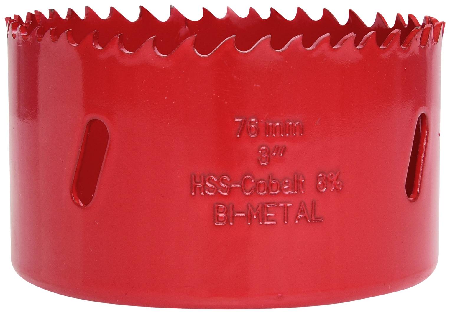 Rundes, rotes Bi-Metall-Sägeblatt mit der Aufschrift '70 mm 2 3/4, HSS-Co8 B1-Metal', verwendet für Bohren in Metallen und Holz.