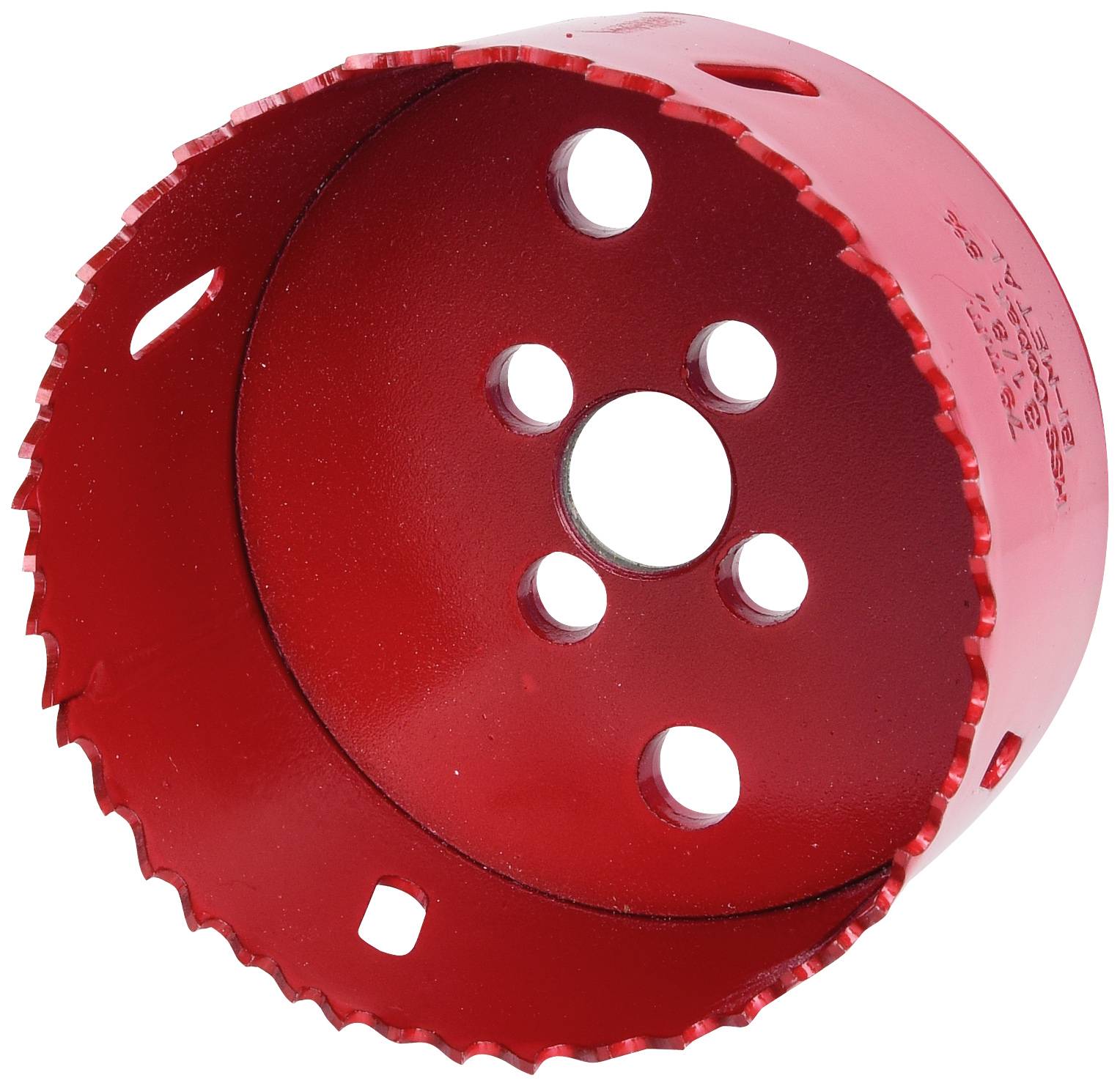 Ein roter Hohlbohrer mit mehreren Löchern und gezahntem Rand, geeignet für das Bohren in Holz oder Metall.