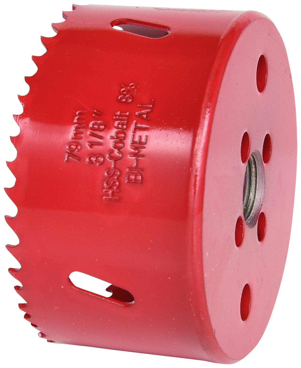 Ein rotes Lochsägeblatt aus Bi-Metall, 79 mm Durchmesser, mit Aufschrift 'HSS-Cobalt 8%', mehrere Löcher auf der Rückseite.