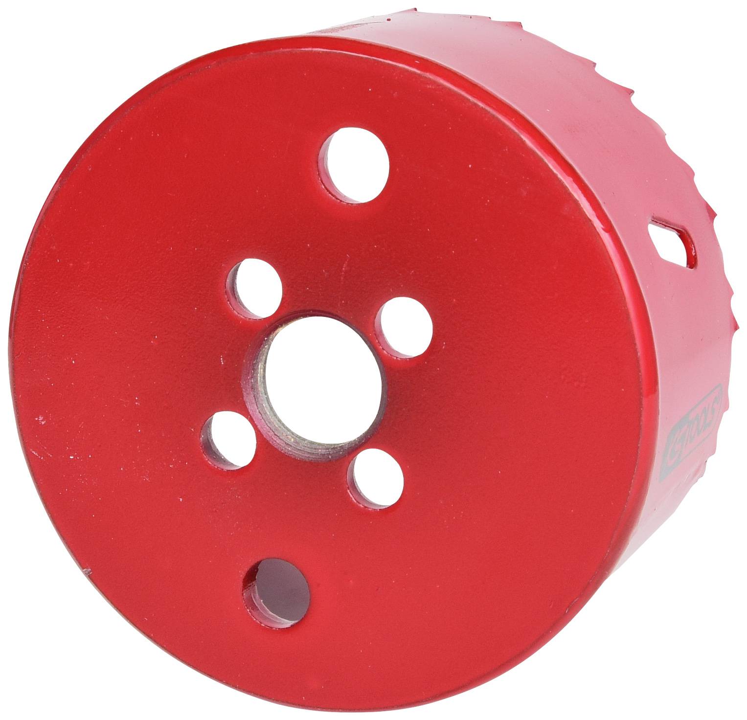 Roter Lochsägeaufsatz mit fünf runden Löchern unterschiedlicher Größe, verwendet für präzises Bohren in Materialien.