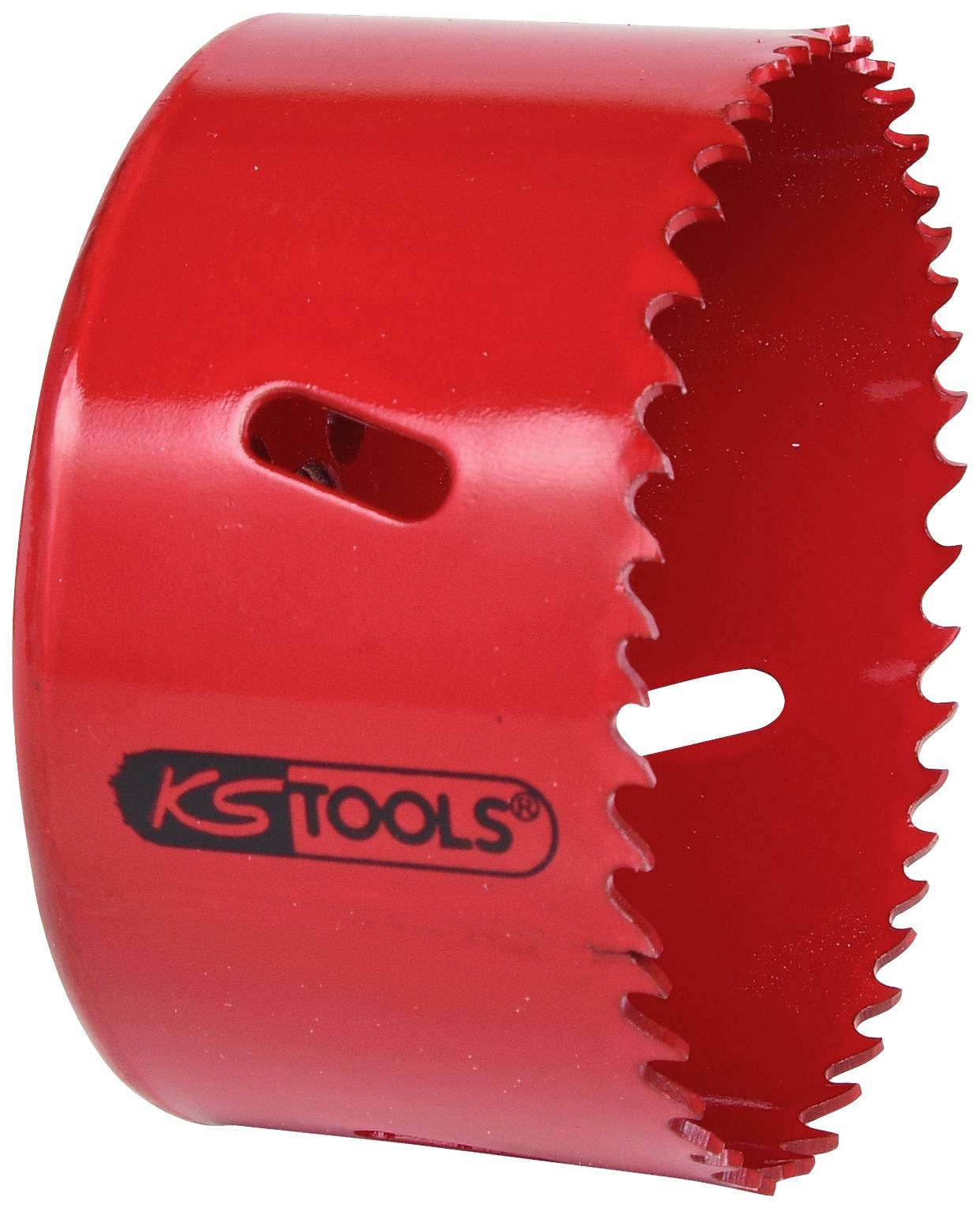 Rote Lochsäge mit gezackter Kante und schwarzem 'KS Tools'-Logo.