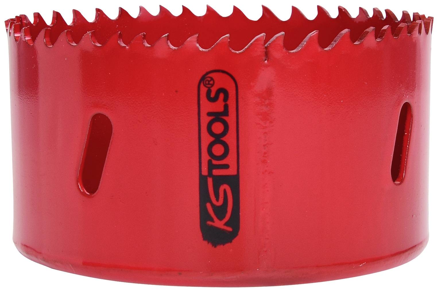 Roter Lochsäge-Aufsatz mit gezackten Kanten und seitlichen Schlitzen. Markierung: 'KSTools'. Verwendbar für Holz- und Metallbohrungen.