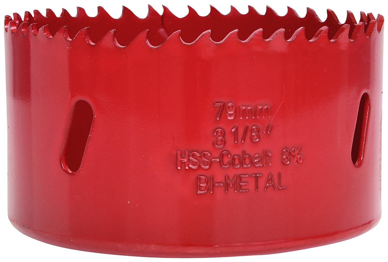 Roter Lochsäge-Aufsatz aus HSS-Kobalt 8%, Durchmesser 79 mm. Verwendet zum Bohren großer Löcher in Metall oder Holz.