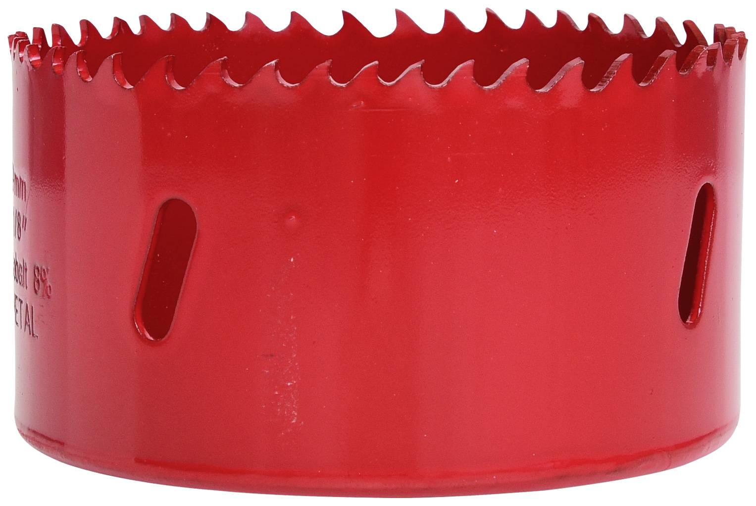 Roter Lochsägenaufsatz mit scharfen Zähnen und Lüftungsschlitzen. Verwendet zum Schneiden großer Löcher in Materialien wie Holz oder Metall.