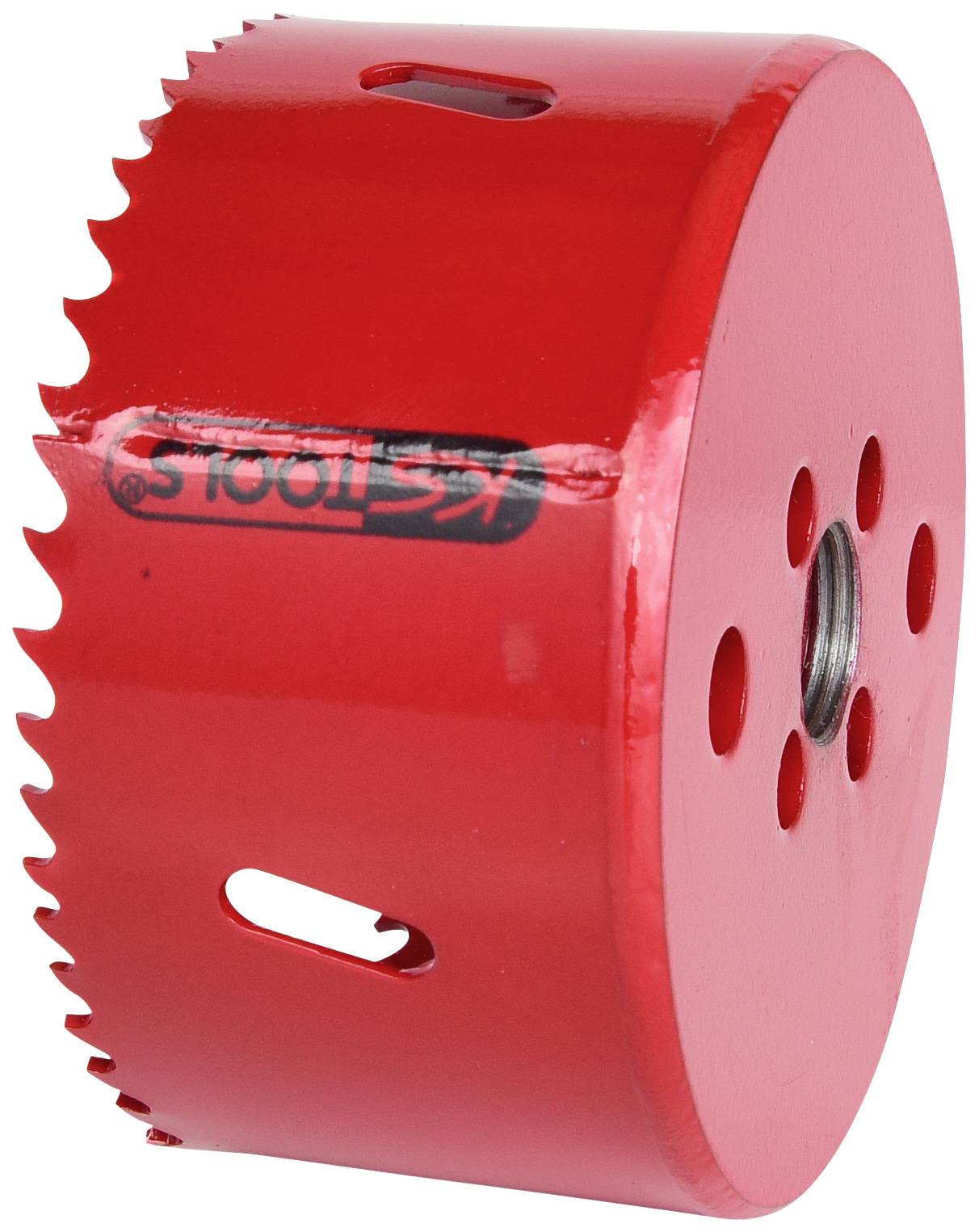 Roter Lochsägeaufsatz mit gezackten Kanten und mehreren Löchern, geeignet für das Bohren von großen Löchern in Materialien.