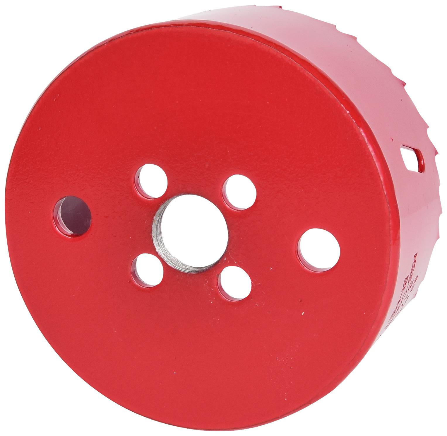 Ein roter, runder Lochsäge-Bohrer mit mehreren Löchern und gezackten Rändern, geeignet für das Bohren in Holz oder Metall.