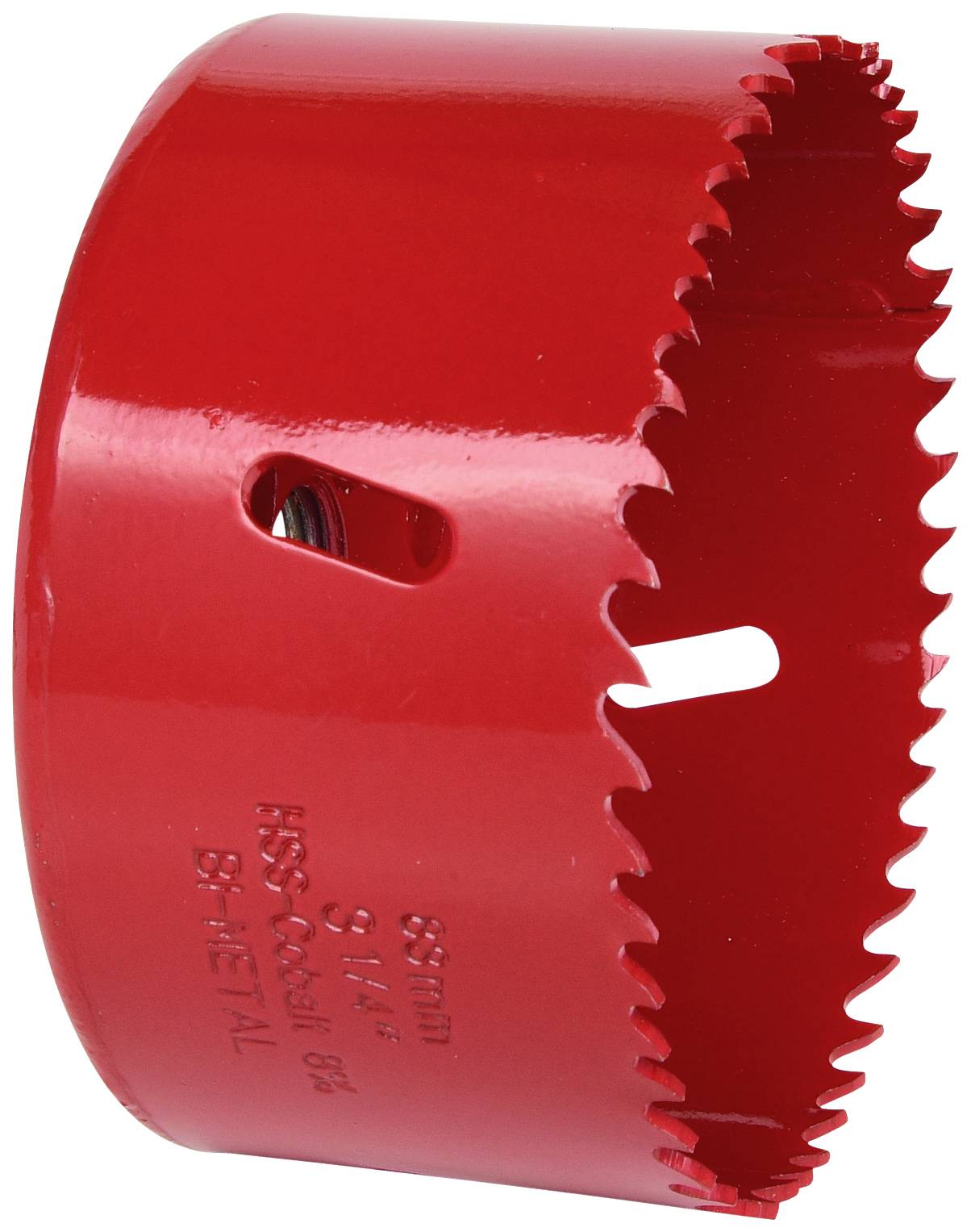 Ein roter Lochsägeaufsatz mit gezackter Kante und seitlichen Schlitzen, geeignet für Holz- oder Metallbohrungen in unterschiedlichen Größen.
