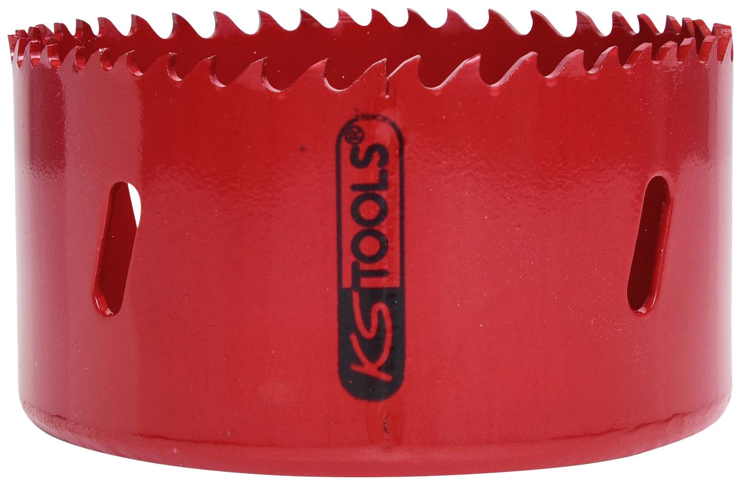 Roter Lochsägeaufsatz mit scharfen Zähnen, geeignet für Bohrungen. Markenname in Schwarz auf der Seite aufgedruckt.