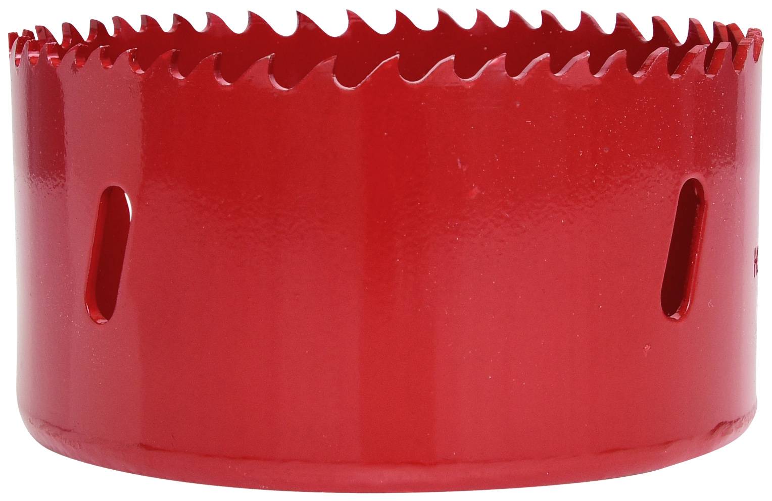 Rotes Lochsägeblatt mit gezacktem Rand und seitlichen Belüftungsöffnungen. Geeignet für präzises Kreisschneiden in Materialien.