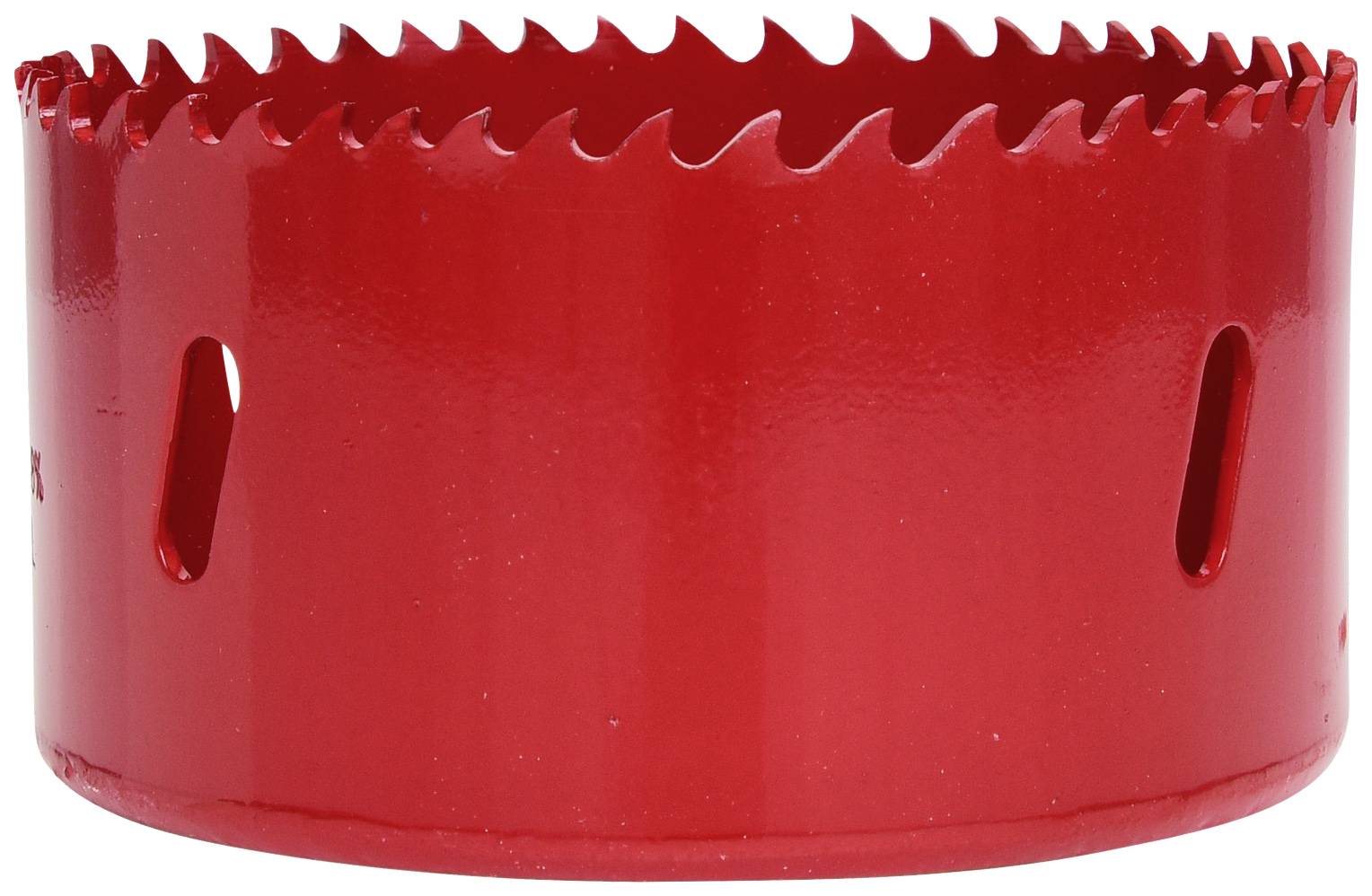 Ein rotes Lochsägeblatt mit scharfen Zähnen, zylindrische Form, benutzt zum Bohren großer Löcher in verschiedenen Materialien.
