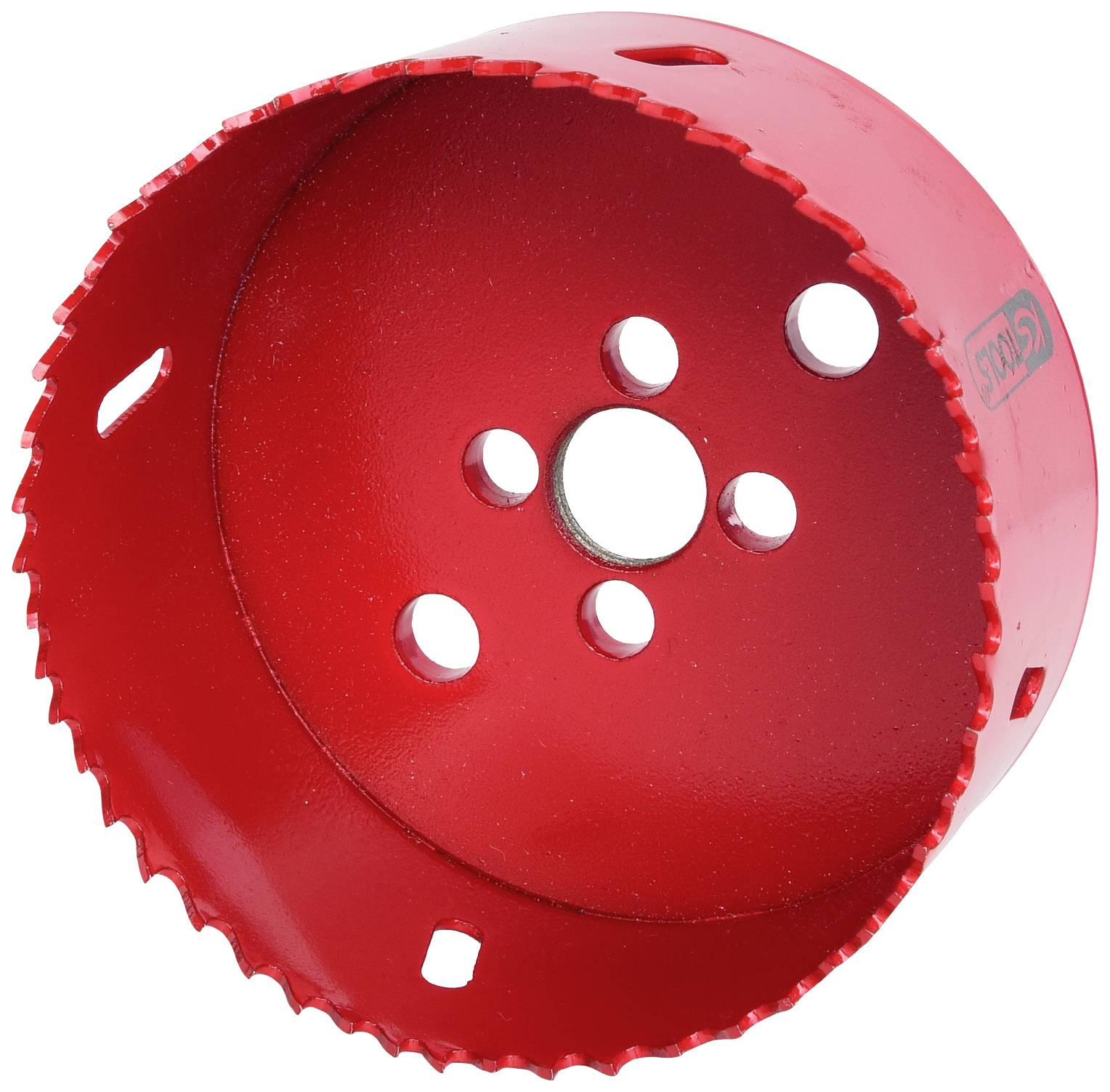 Kreisschneider mit rotem Metallgehäuse, gezahnte Kante und mehreren Löchern an der Seite zum Einsatz in Bohrmaschinen.