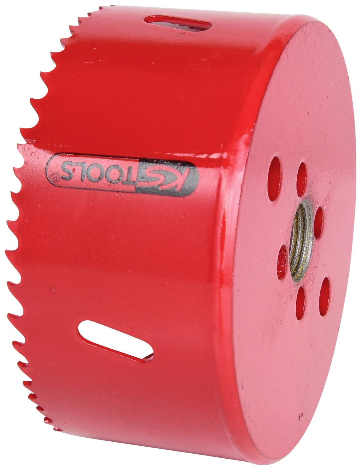 Ein rotes Lochsägeblatt mit gezacktem Rand und vier runden Löchern, für das Bohren großer Löcher in verschiedenen Materialien.