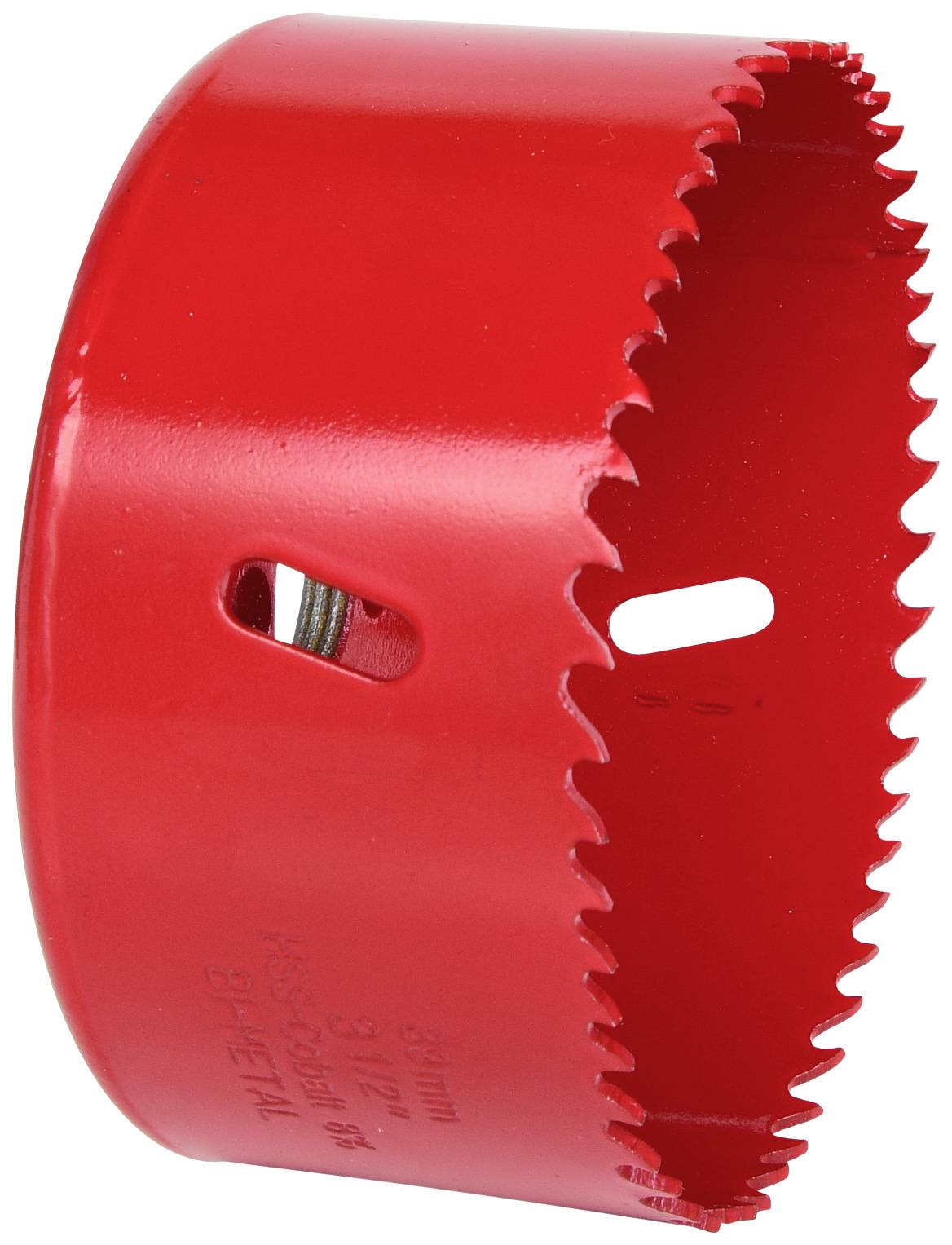 Rotes Lochsägeblatt für Bohrmaschinen, verwendet zum Bohren großer, runder Löcher in unterschiedlichen Materialien.