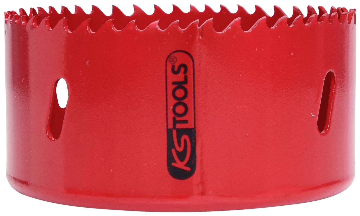 Roter Metallsägeaufsatz mit scharfen Zähnen, Markierung 'KS TOOLS'. Verwendet zum Schneiden runder Öffnungen in Materialien.