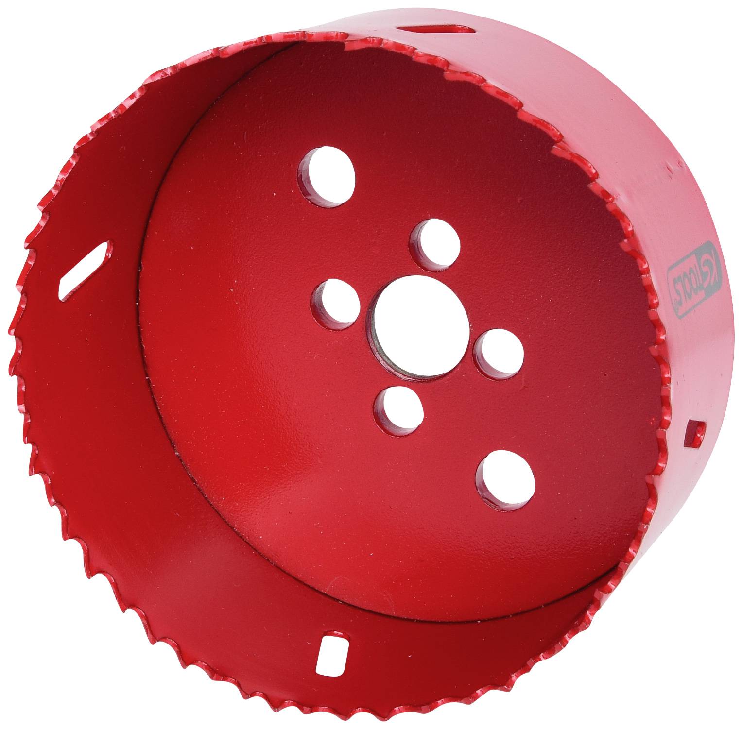 Roter Lochsäge-Aufsatz mit gezackten Kanten und fünf Löchern, geeignet für das Bohren großer kreisförmiger Öffnungen in Materialien.