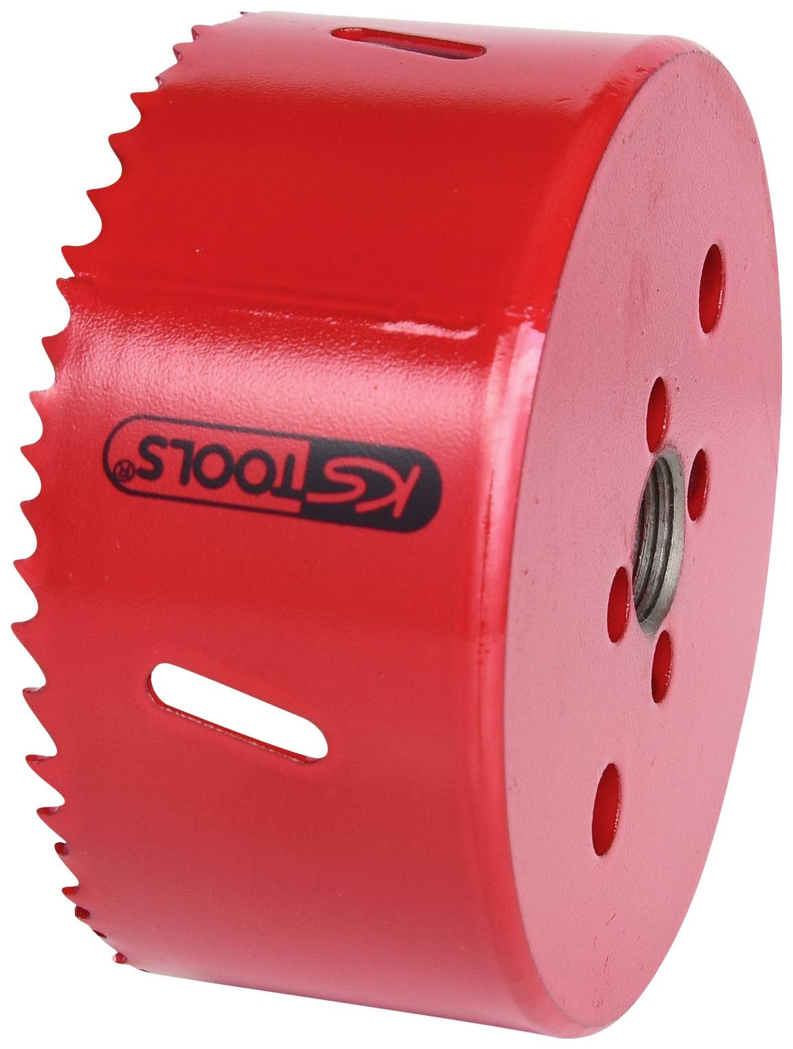Roter Lochsägeaufsatz mit gezacktem Rand und mehreren Bohrlöchern. Auf der Seite ist der Markenname 'KS Tools' zu sehen.