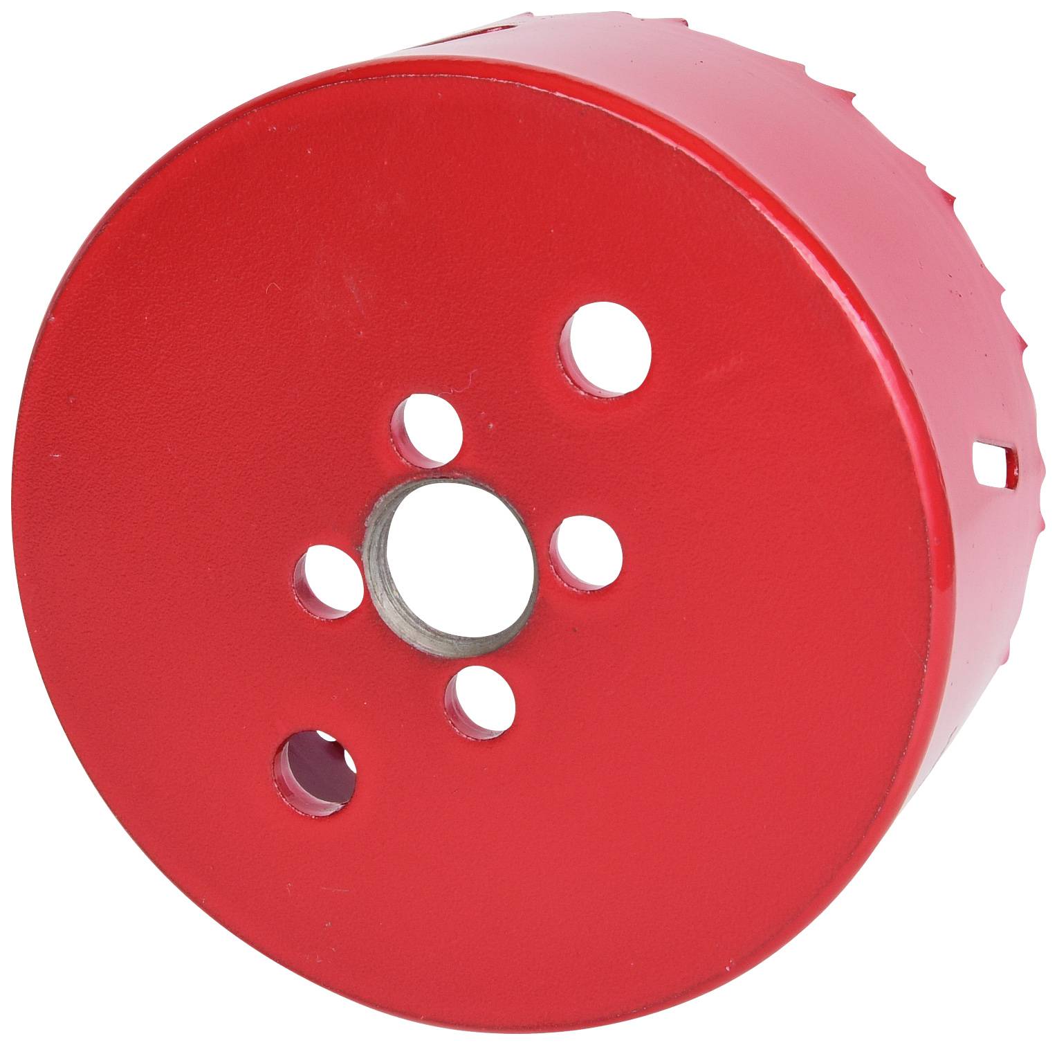 Roter Lochsäge-Aufsatz mit mehreren Bohrungen, verwendet für das Schneiden präziser Löcher in Materialien wie Holz oder Metall.