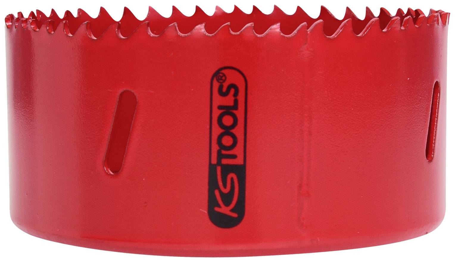 Ein rotes Lochsägeblatt mit gezacktem Rand und dem Logo 'KS Tools'. Geeignet für das Bohren in verschiedenste Materialien.