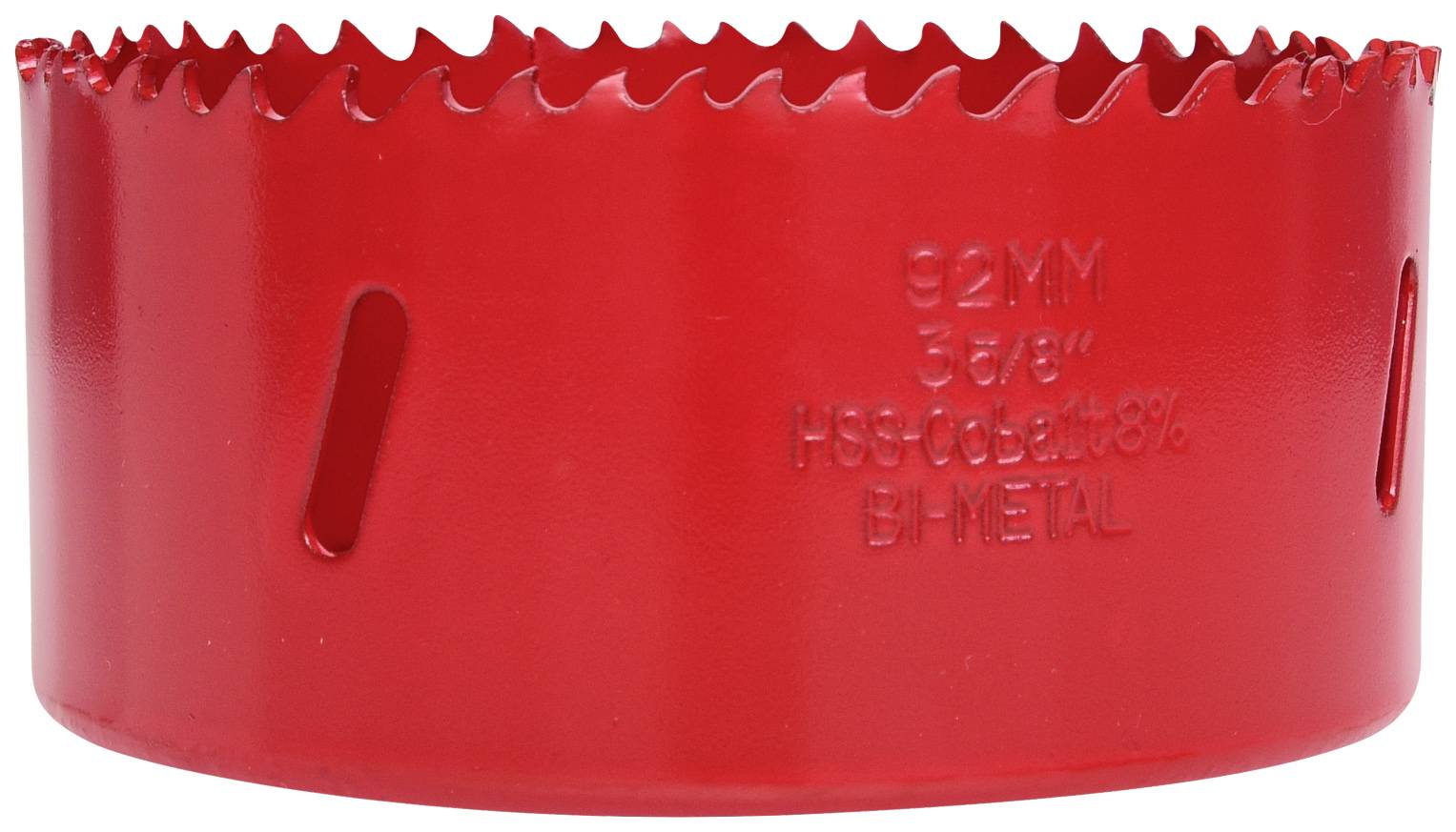 Rotes Lochsägeblatt mit gezacktem Rand und der Aufschrift '92 mm, 3 5/8